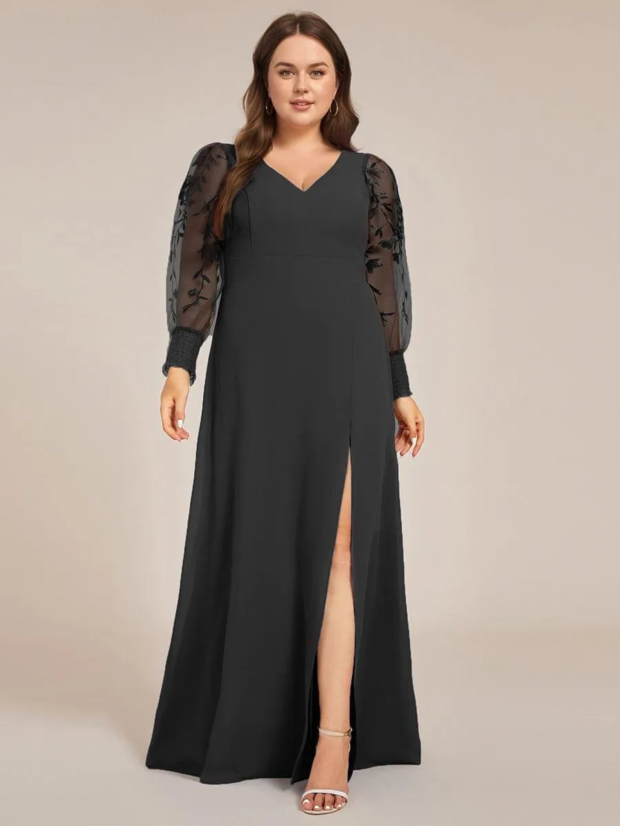 Diane | Plus Size High Slit Embroidered Long Sleeve Chiffon Formal Evening Dress