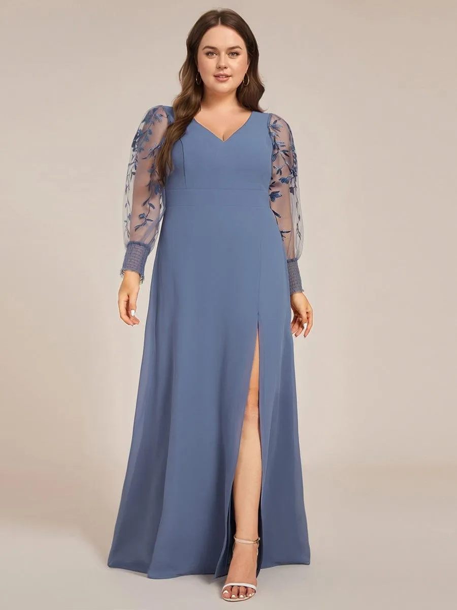 Diane | Plus Size High Slit Embroidered Long Sleeve Chiffon Formal Evening Dress