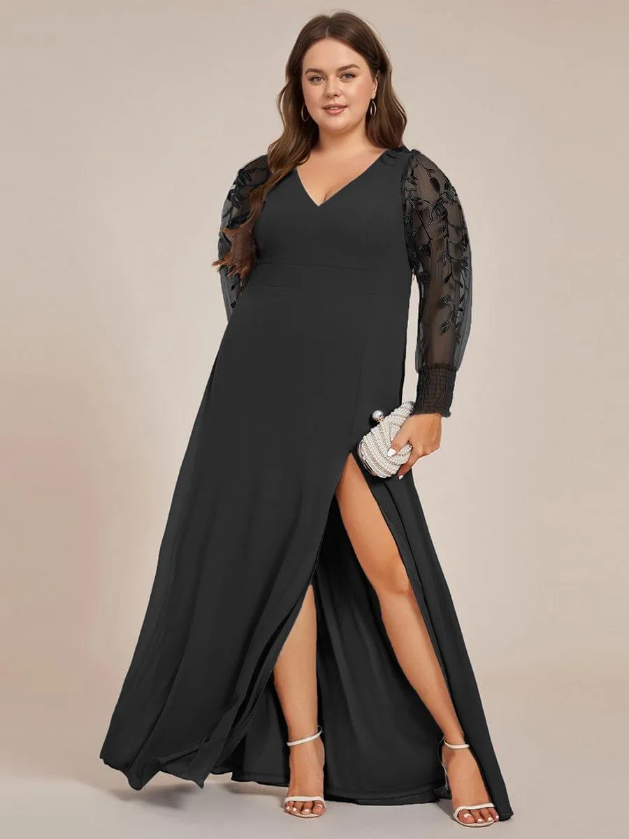 Diane | Plus Size High Slit Embroidered Long Sleeve Chiffon Formal Evening Dress