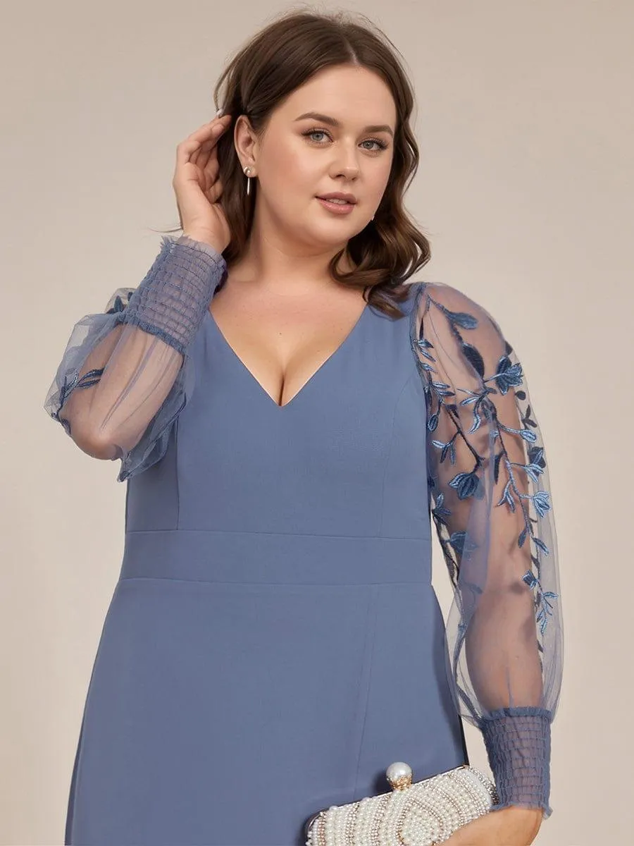 Diane | Plus Size High Slit Embroidered Long Sleeve Chiffon Formal Evening Dress