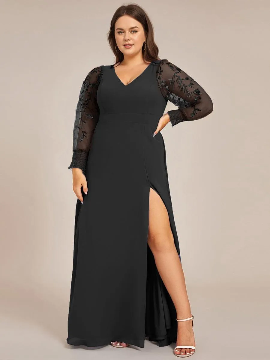 Diane | Plus Size High Slit Embroidered Long Sleeve Chiffon Formal Evening Dress