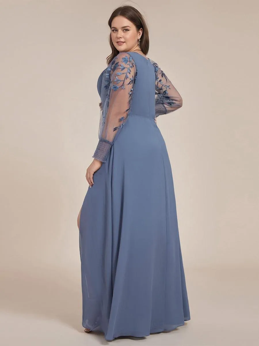 Diane | Plus Size High Slit Embroidered Long Sleeve Chiffon Formal Evening Dress