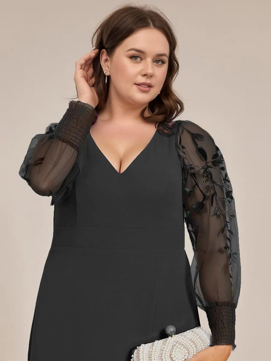 Diane | Plus Size High Slit Embroidered Long Sleeve Chiffon Formal Evening Dress