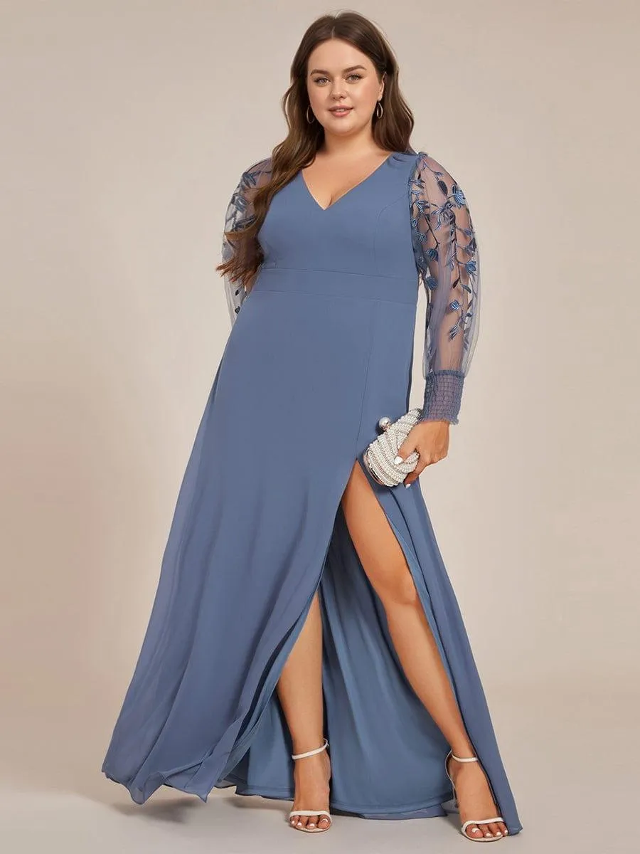 Diane | Plus Size High Slit Embroidered Long Sleeve Chiffon Formal Evening Dress