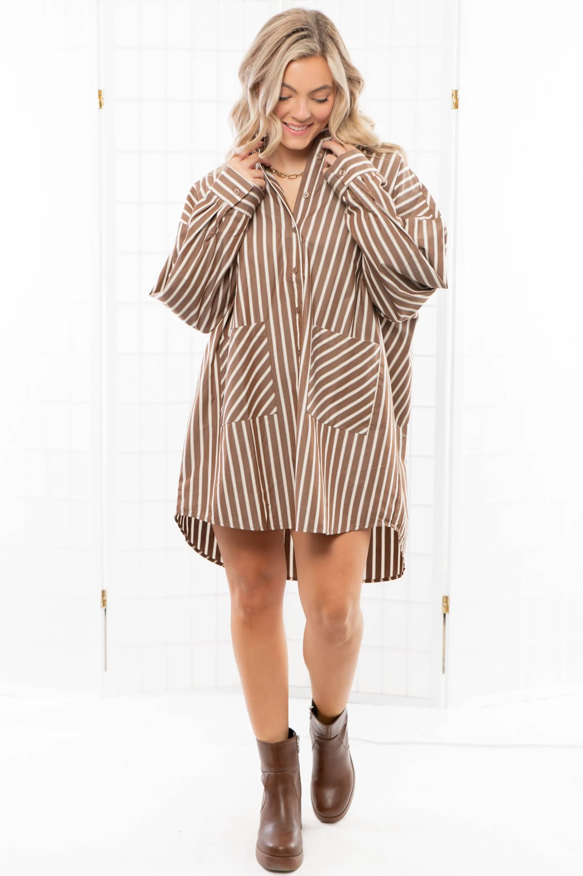 Easy Stripes Brown Oversized Shirt Dress