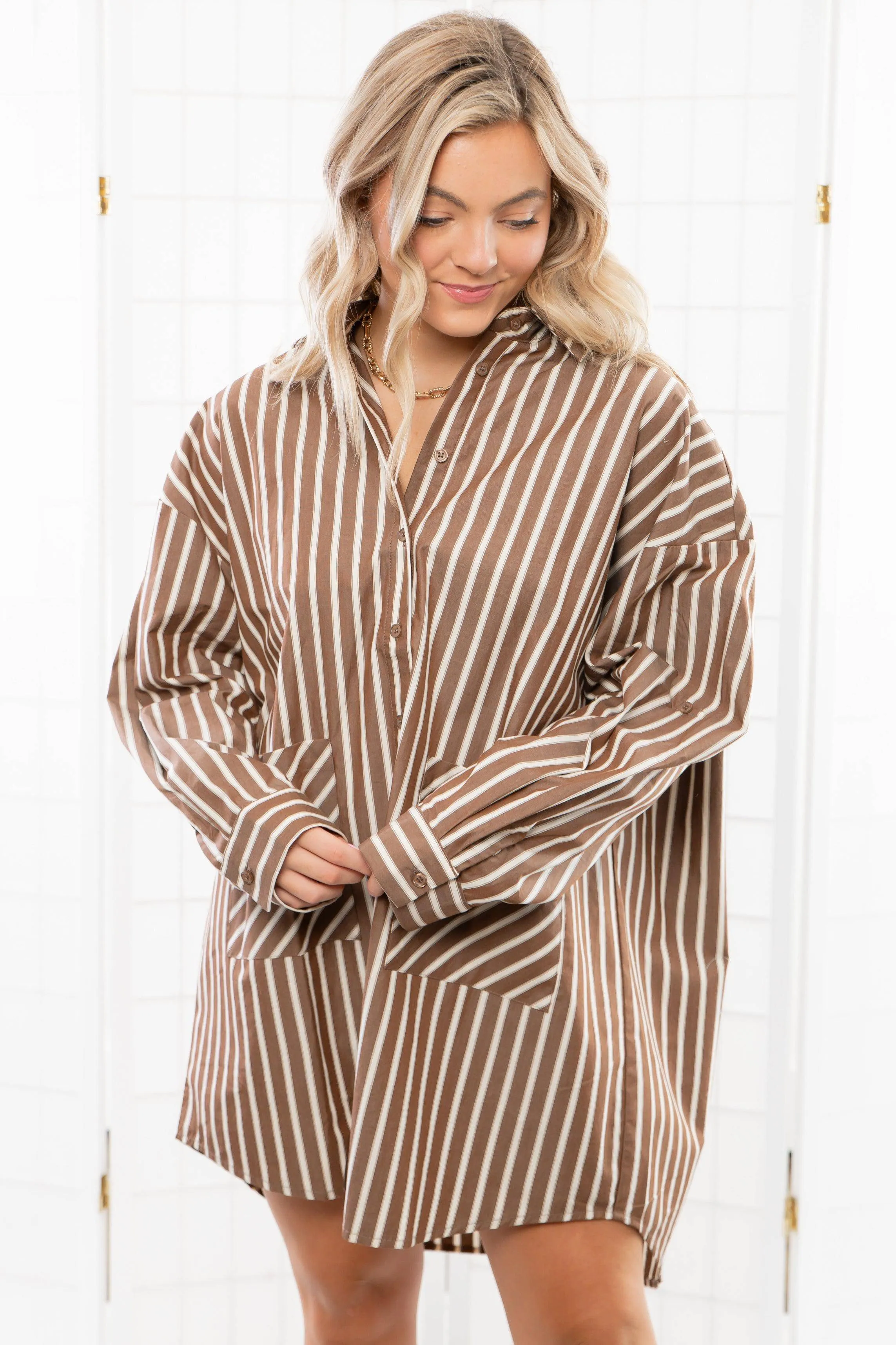 Easy Stripes Brown Oversized Shirt Dress