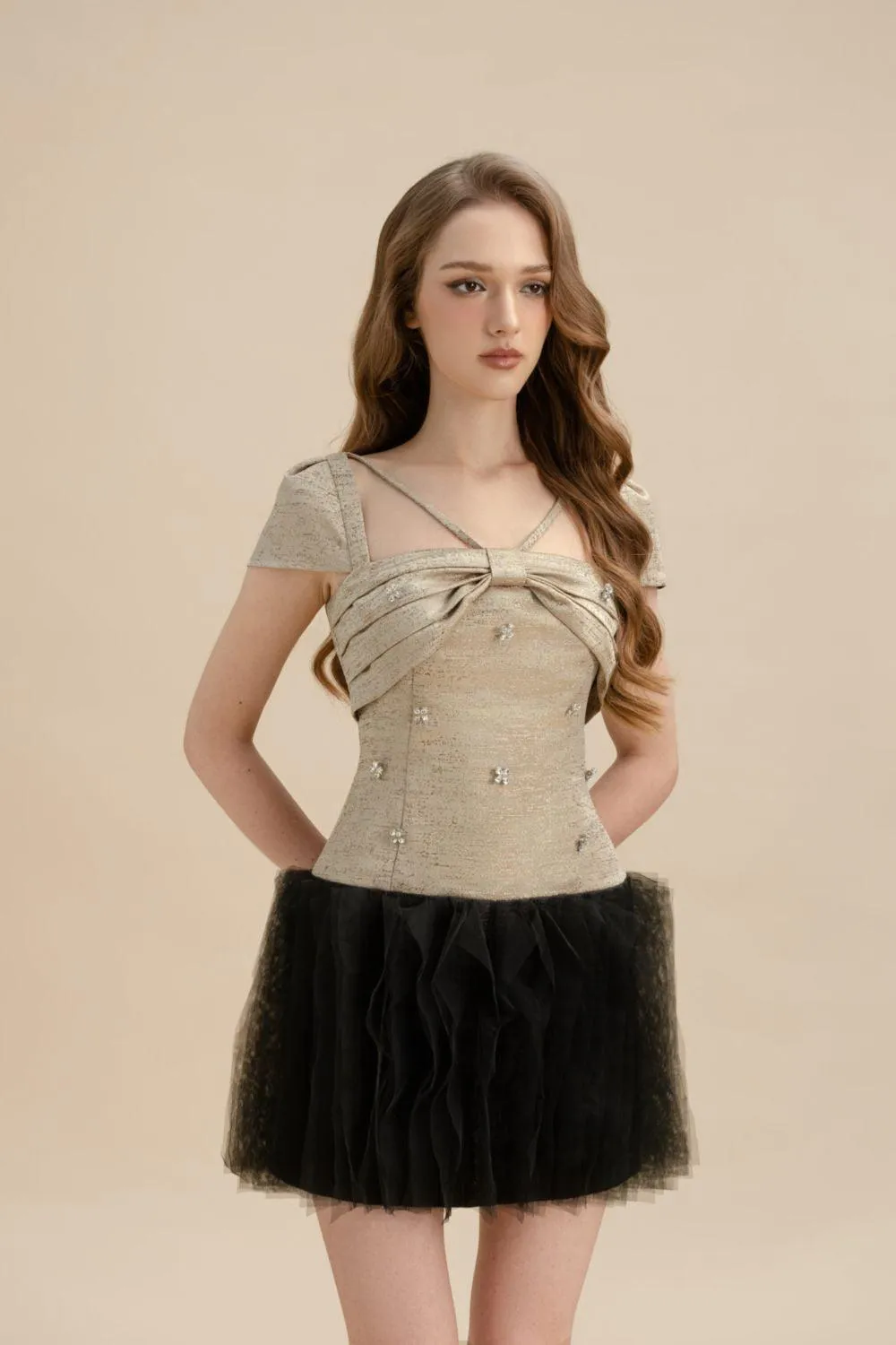 Elara A-line Short Sleeved Jacquard Mini Dress