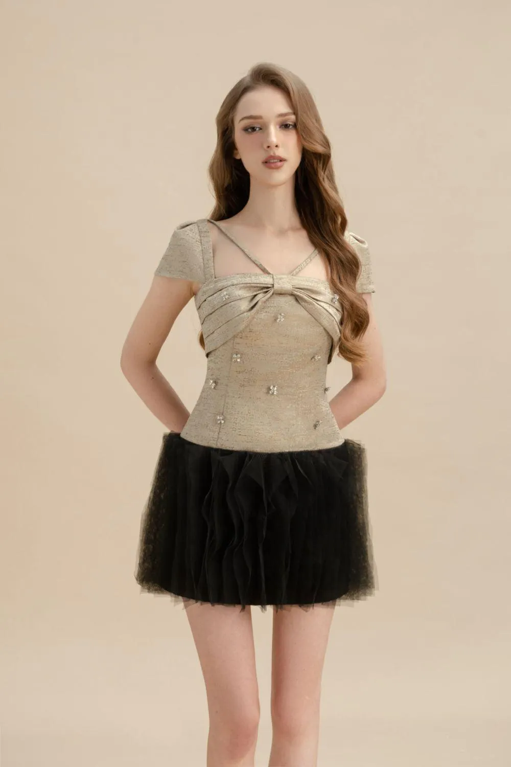 Elara A-line Short Sleeved Jacquard Mini Dress