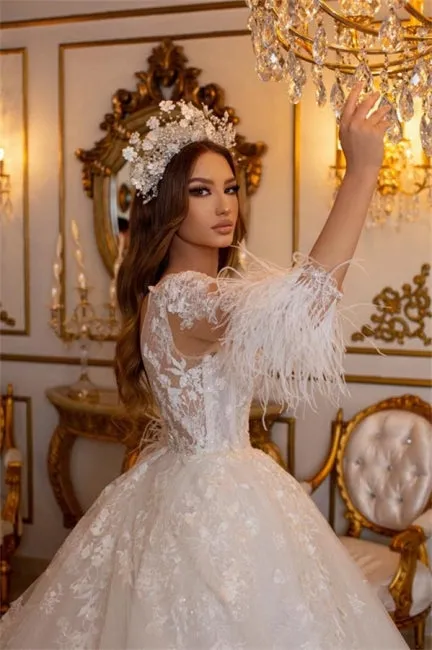 Elegant Long A-line Lace Appliques Tulle Wedding Dresses With Sleeves