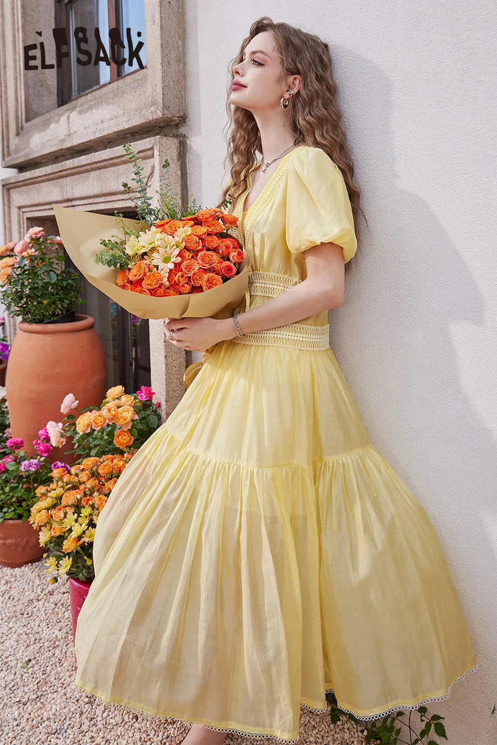 ELFSACK 2024 Summer New French V-neck puff sleeve gentle temperament solid color dress for women