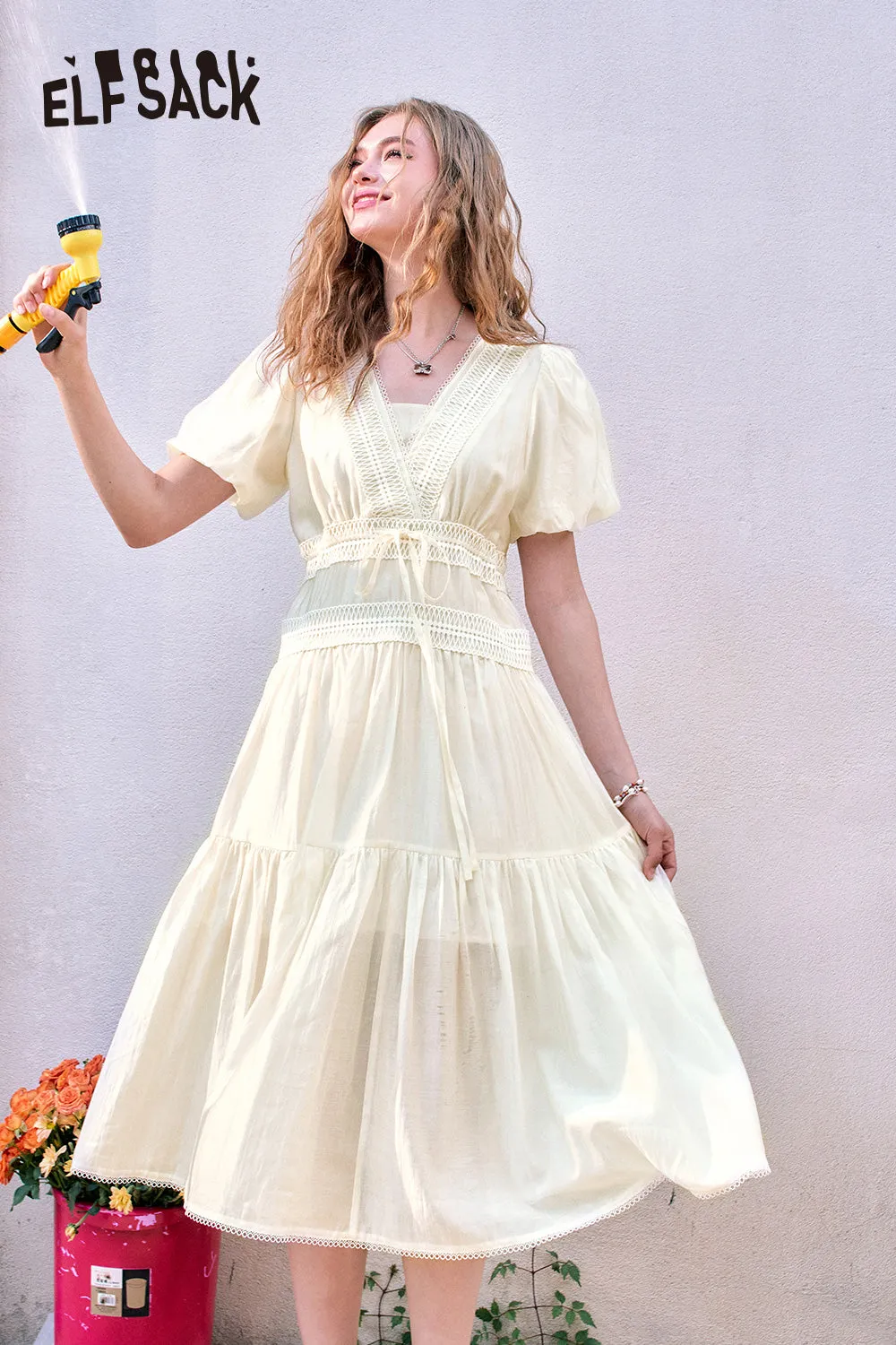 ELFSACK 2024 Summer New French V-neck puff sleeve gentle temperament solid color dress for women