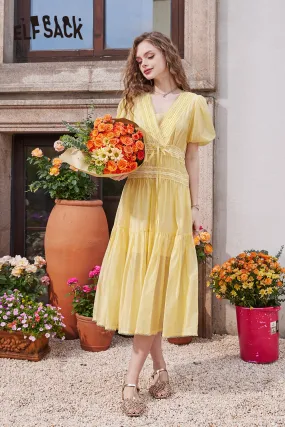 ELFSACK 2024 Summer New French V-neck puff sleeve gentle temperament solid color dress for women