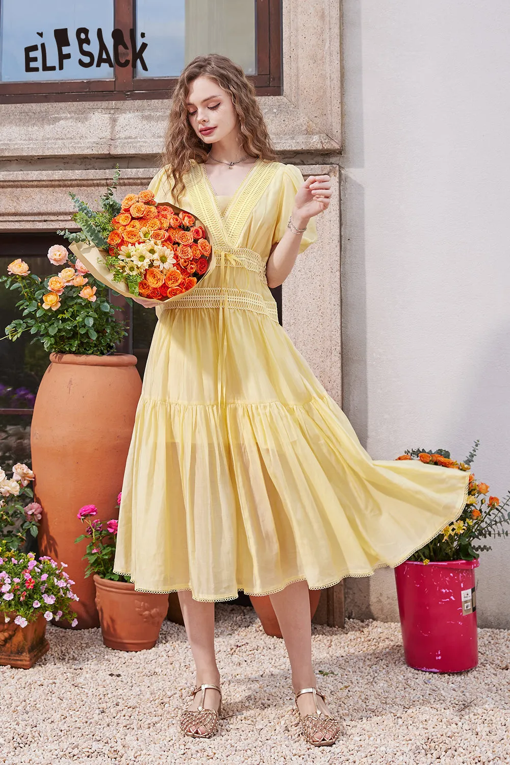 ELFSACK 2024 Summer New French V-neck puff sleeve gentle temperament solid color dress for women