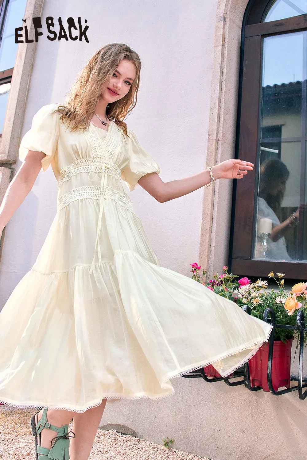 ELFSACK 2024 Summer New French V-neck puff sleeve gentle temperament solid color dress for women