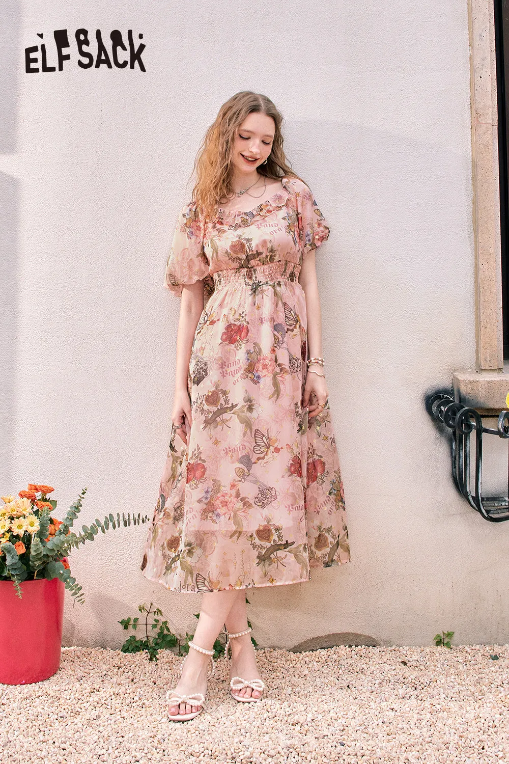ELFSACK 2024 Summer New Puff Sleeve Floral Pattern Waist-Lining Temperament Holiday Princess Dress for women