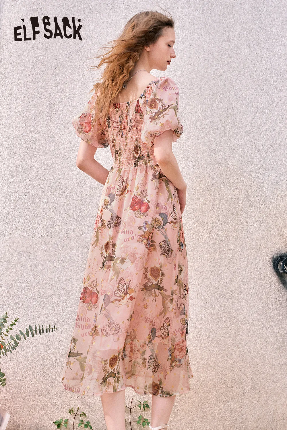 ELFSACK 2024 Summer New Puff Sleeve Floral Pattern Waist-Lining Temperament Holiday Princess Dress for women