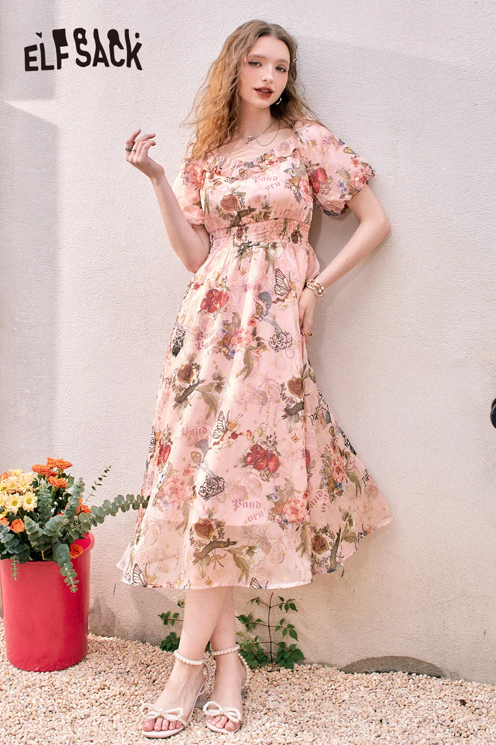 ELFSACK 2024 Summer New Puff Sleeve Floral Pattern Waist-Lining Temperament Holiday Princess Dress for women
