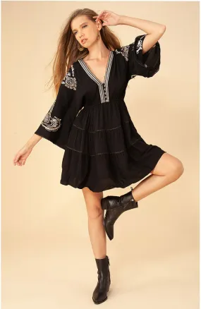 Embroidered V Neck Dress in Black