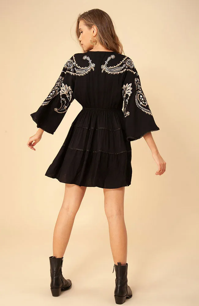 Embroidered V Neck Dress in Black