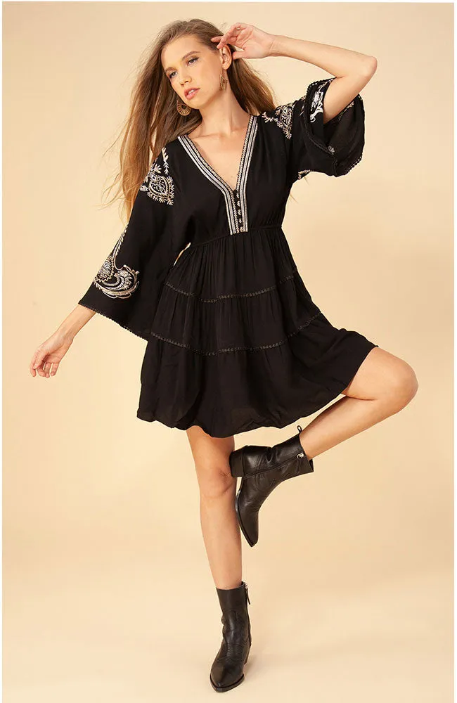 Embroidered V Neck Dress in Black