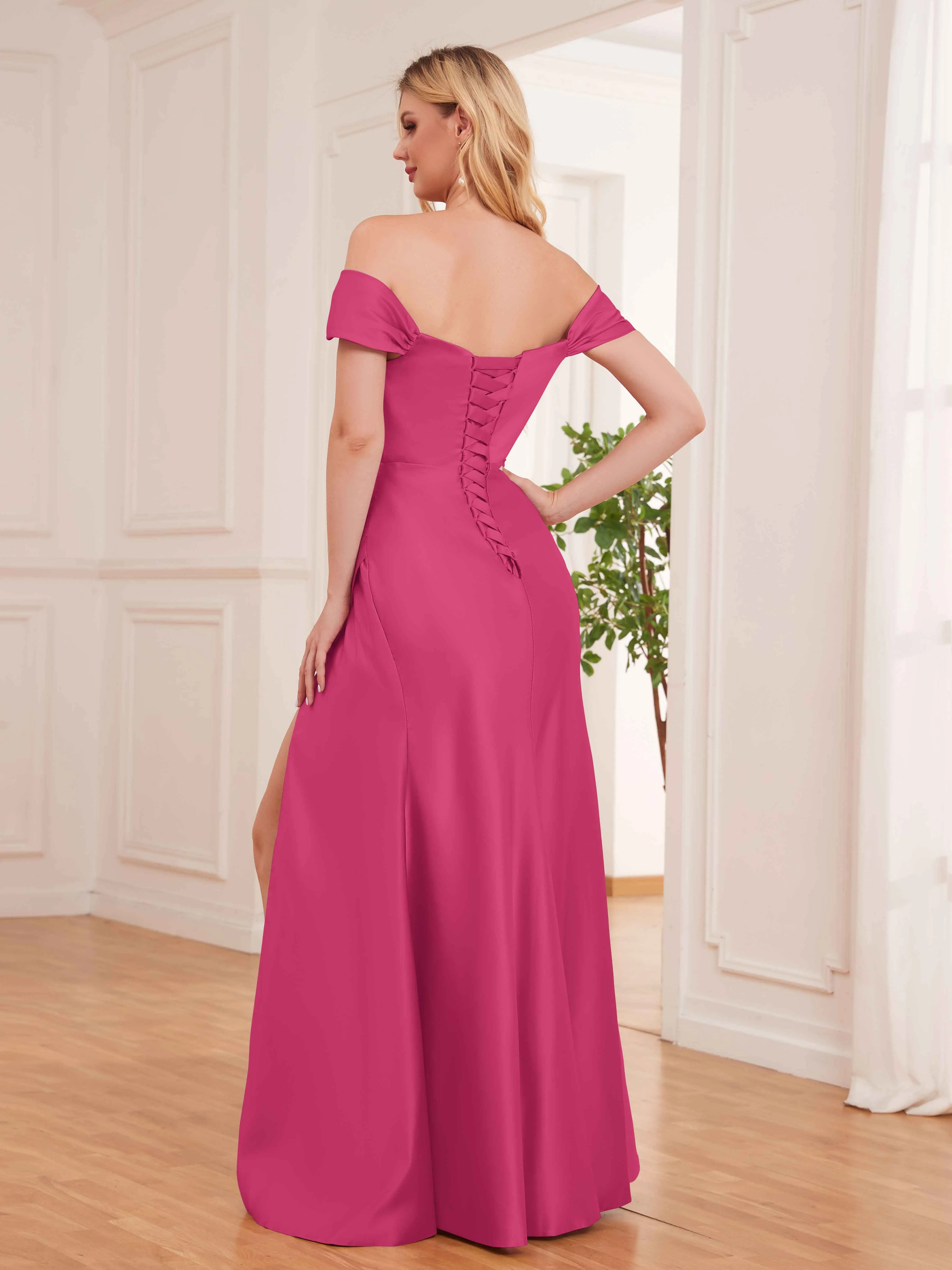 Esther Affordable Off The Shoulder Brush Train Satin Formal Dresses
