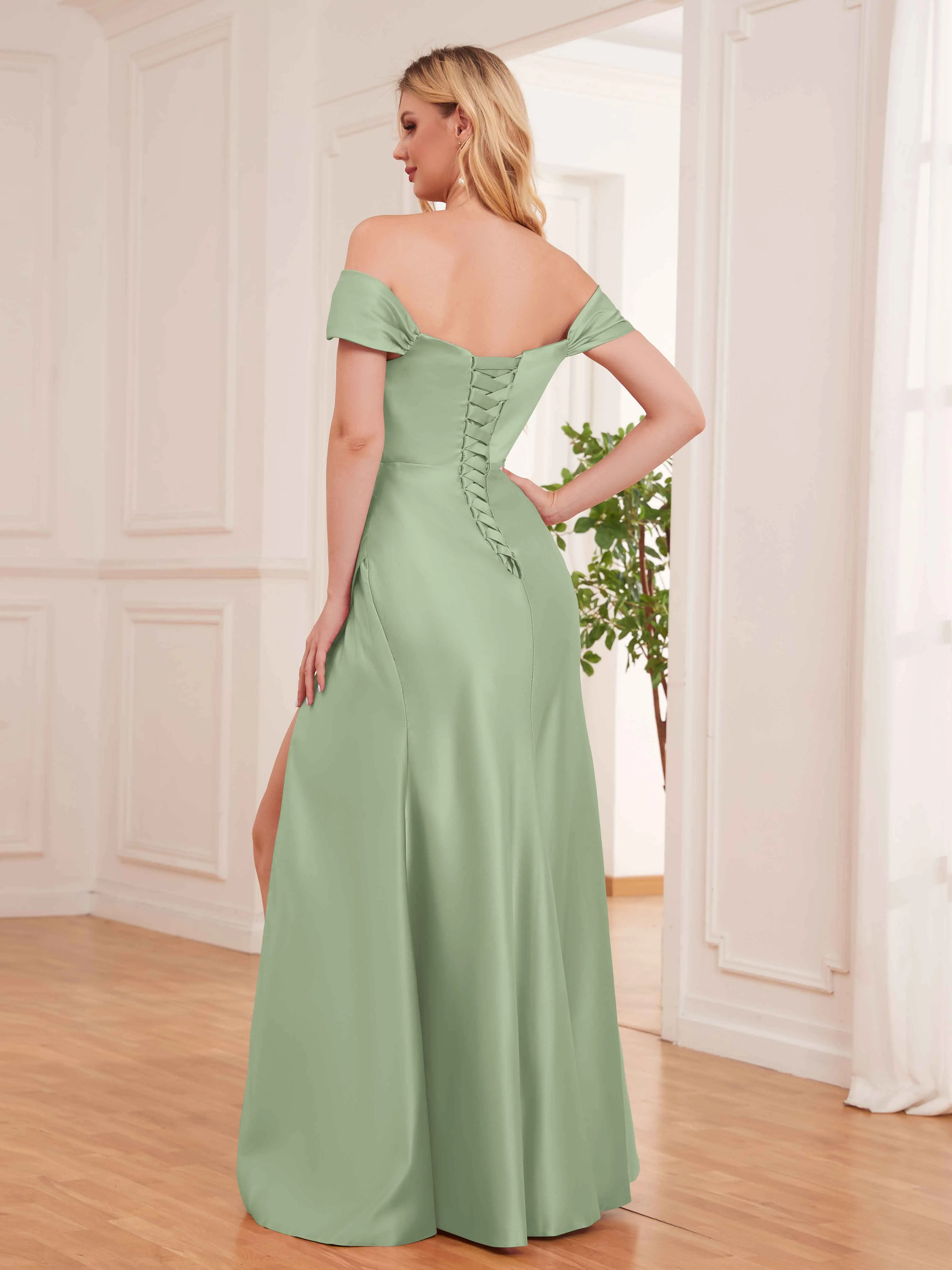 Esther Affordable Off The Shoulder Brush Train Satin Formal Dresses
