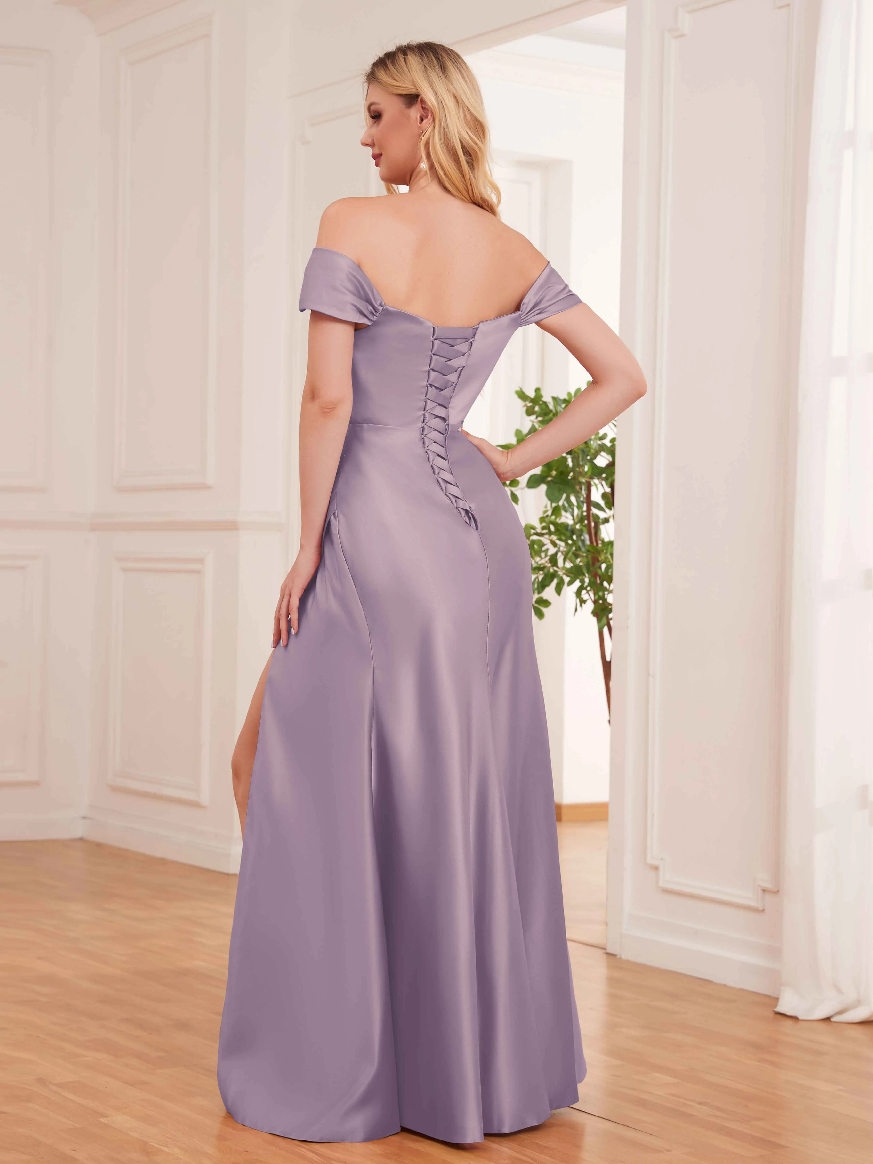 Esther Affordable Off The Shoulder Brush Train Satin Formal Dresses