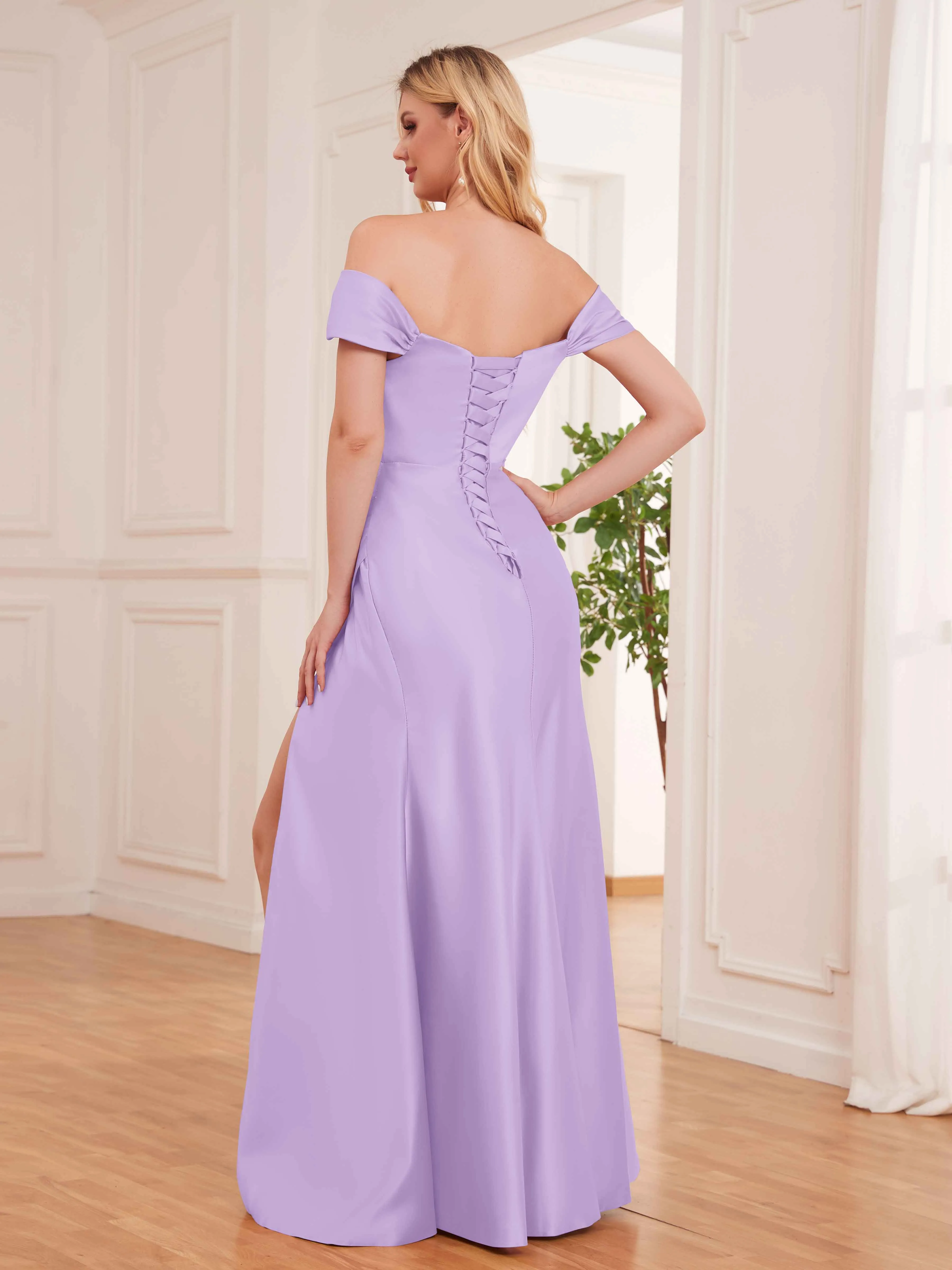 Esther Affordable Off The Shoulder Brush Train Satin Formal Dresses