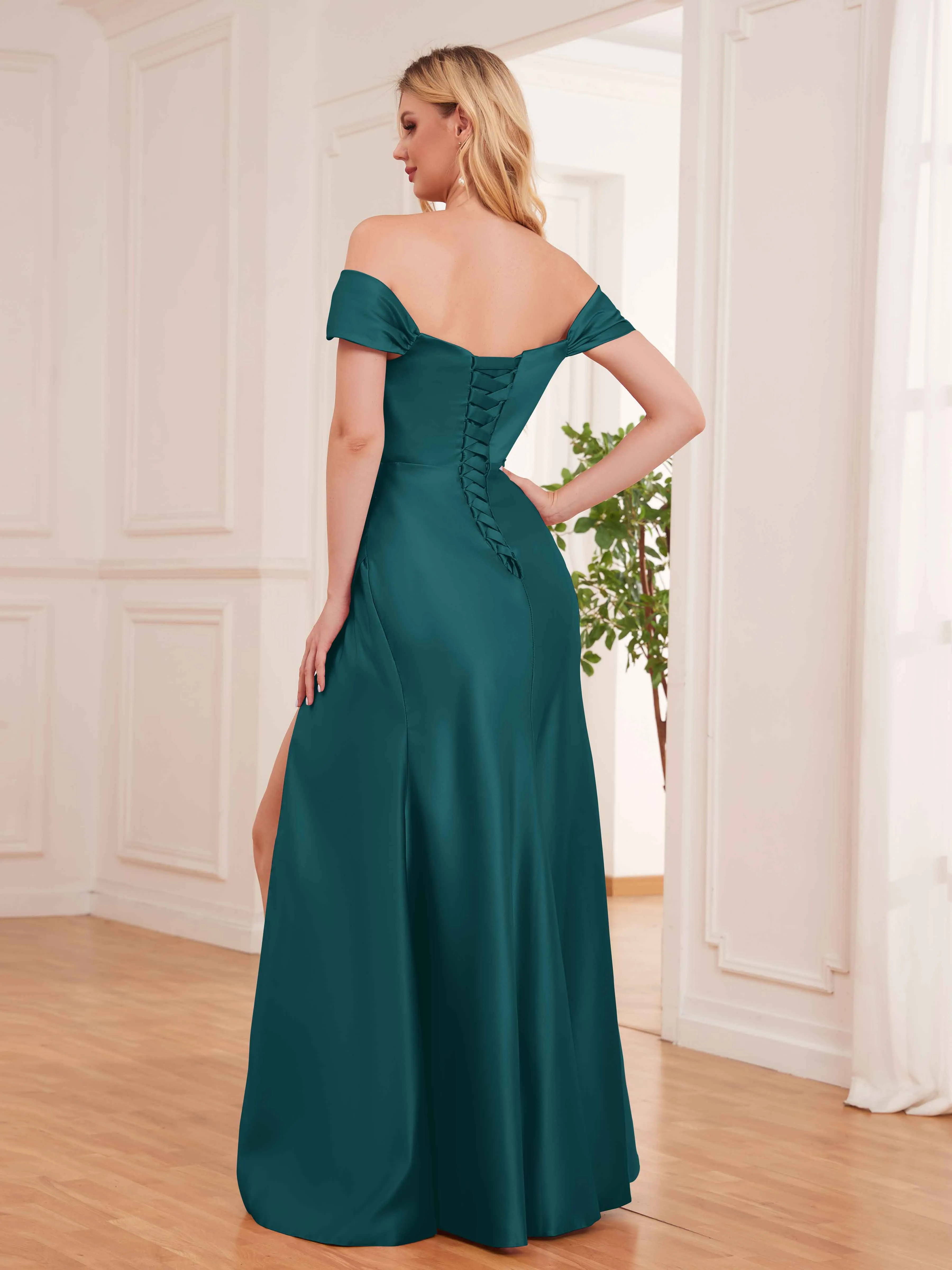 Esther Affordable Off The Shoulder Brush Train Satin Formal Dresses