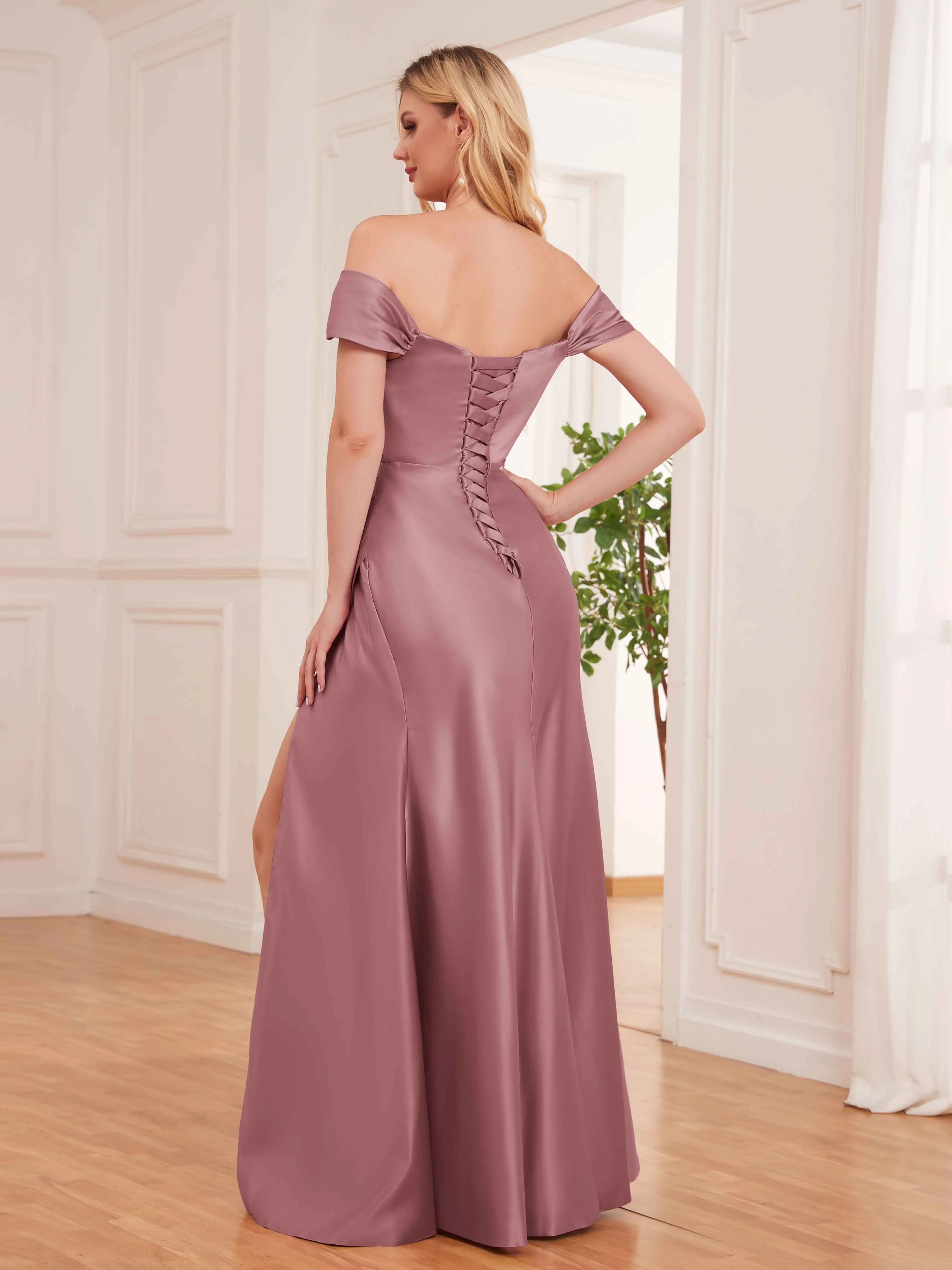 Esther Affordable Off The Shoulder Brush Train Satin Formal Dresses