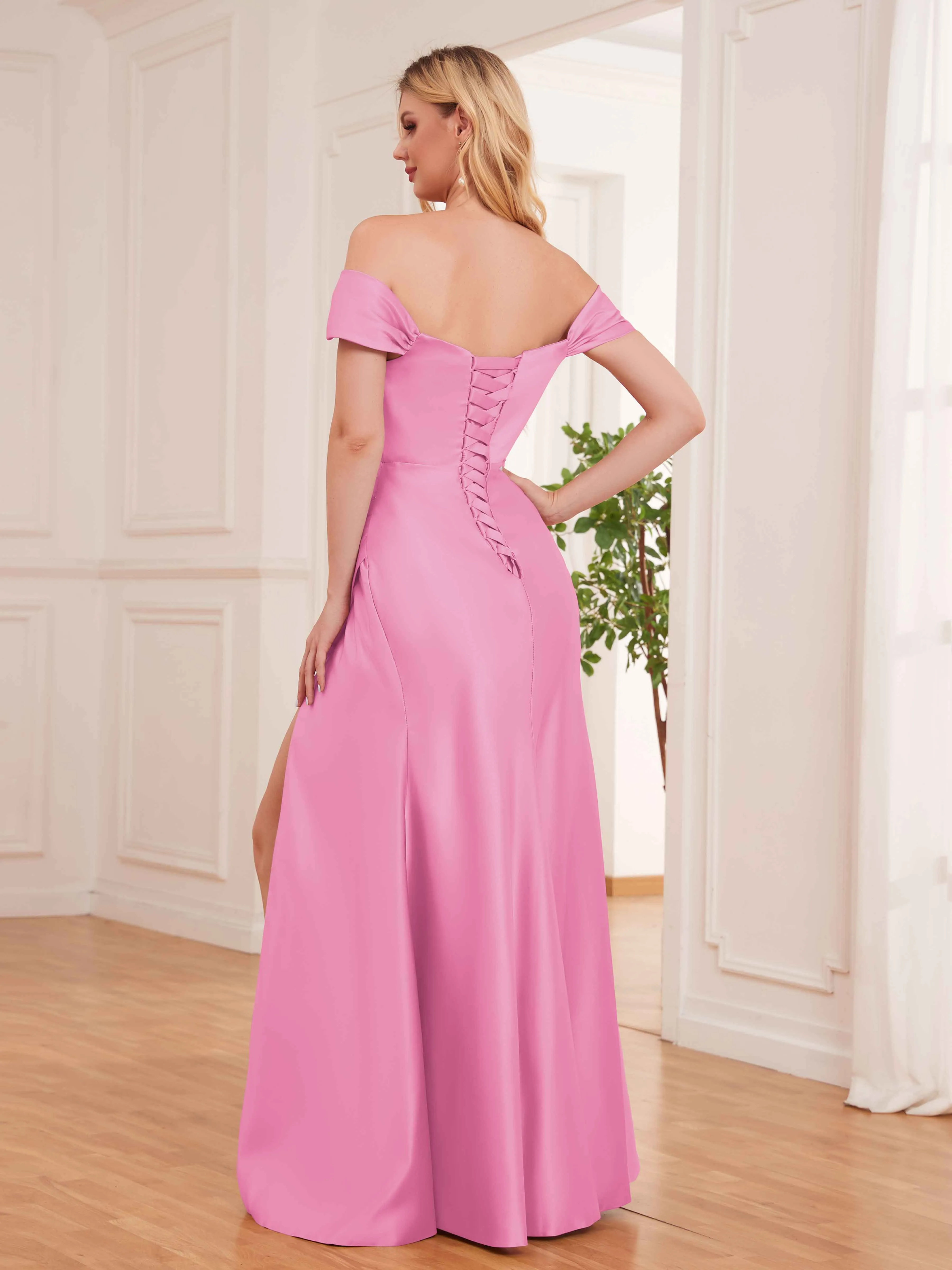 Esther Affordable Off The Shoulder Brush Train Satin Formal Dresses