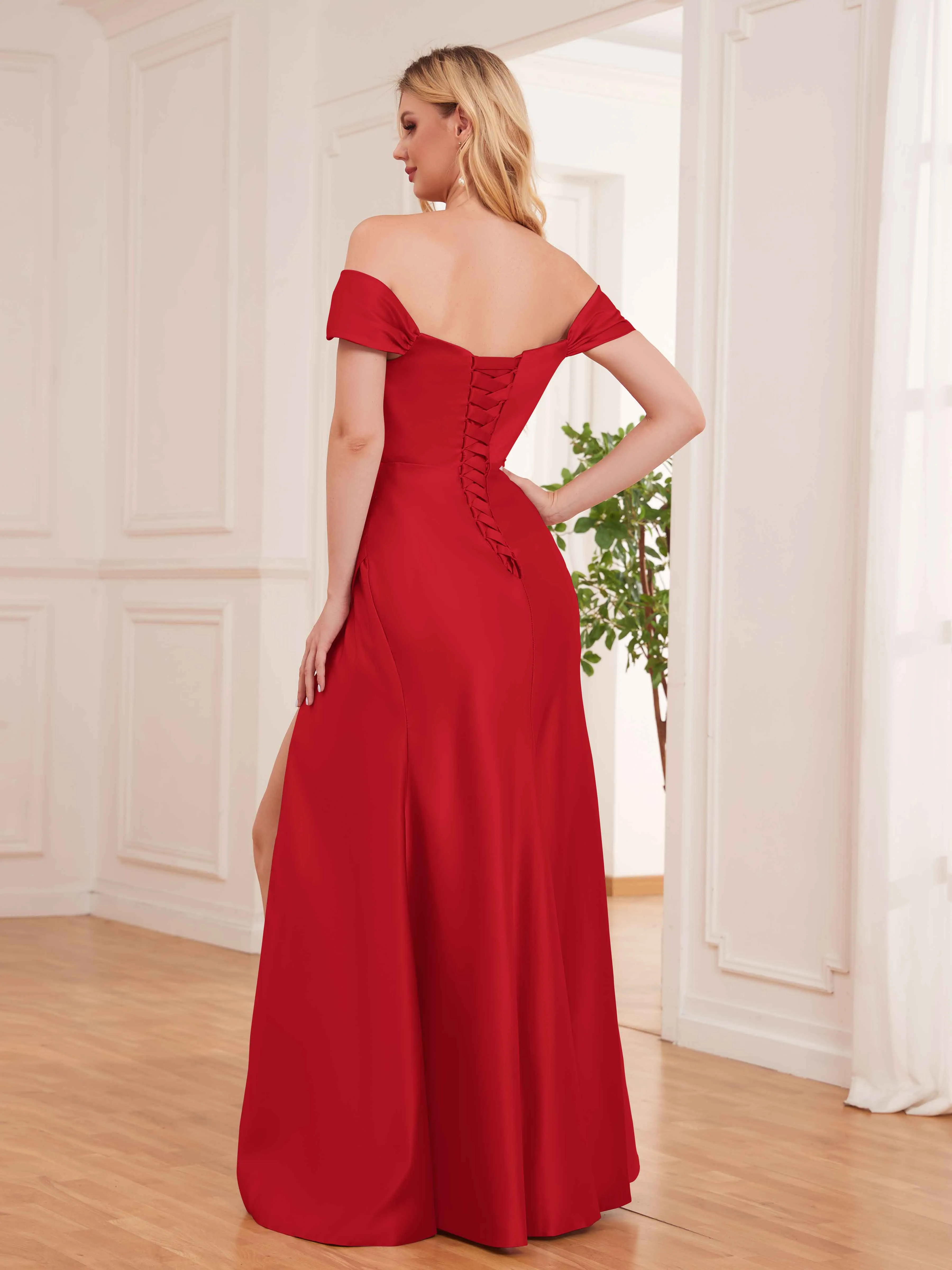 Esther Affordable Off The Shoulder Brush Train Satin Formal Dresses