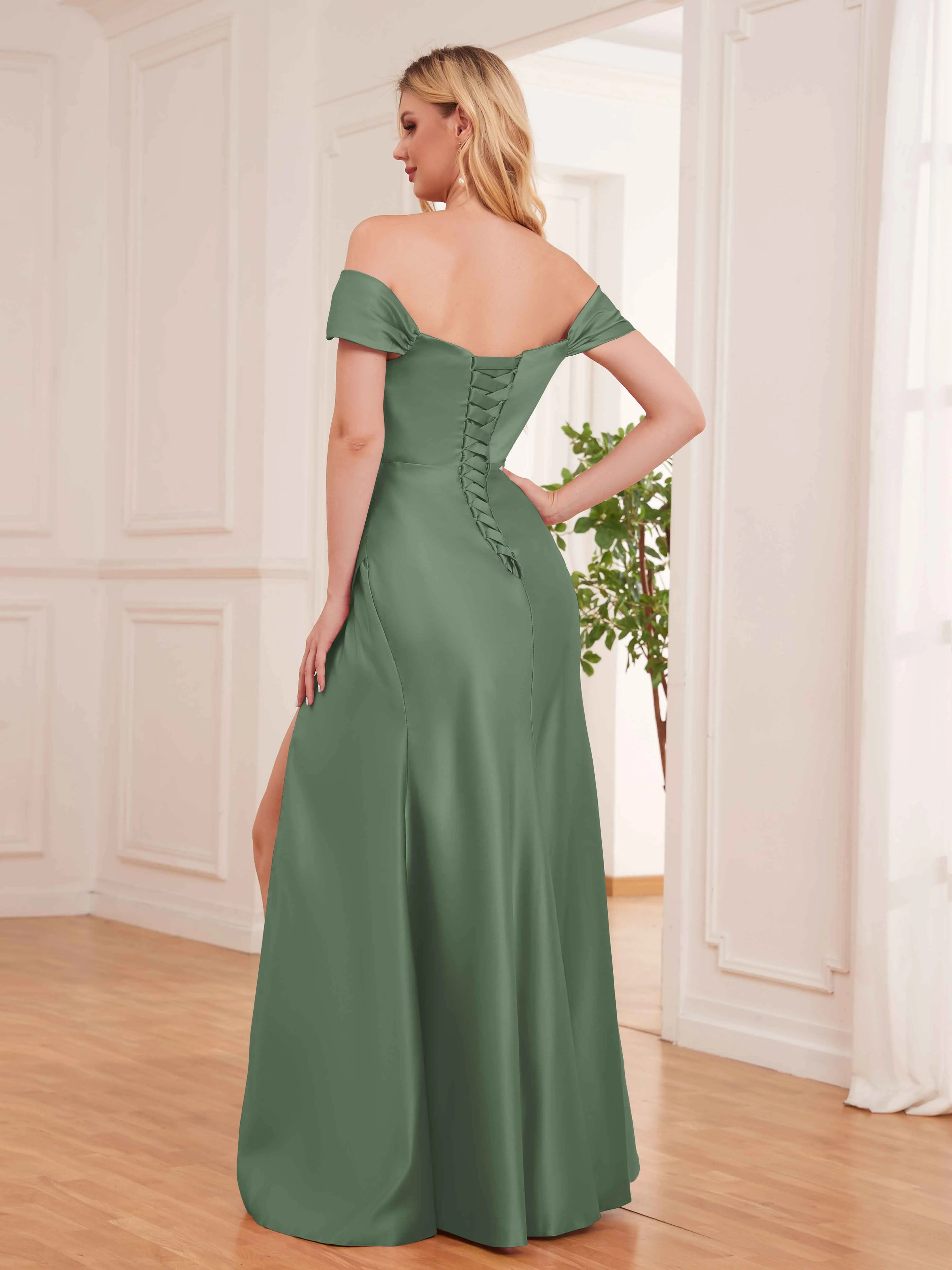Esther Affordable Off The Shoulder Brush Train Satin Formal Dresses