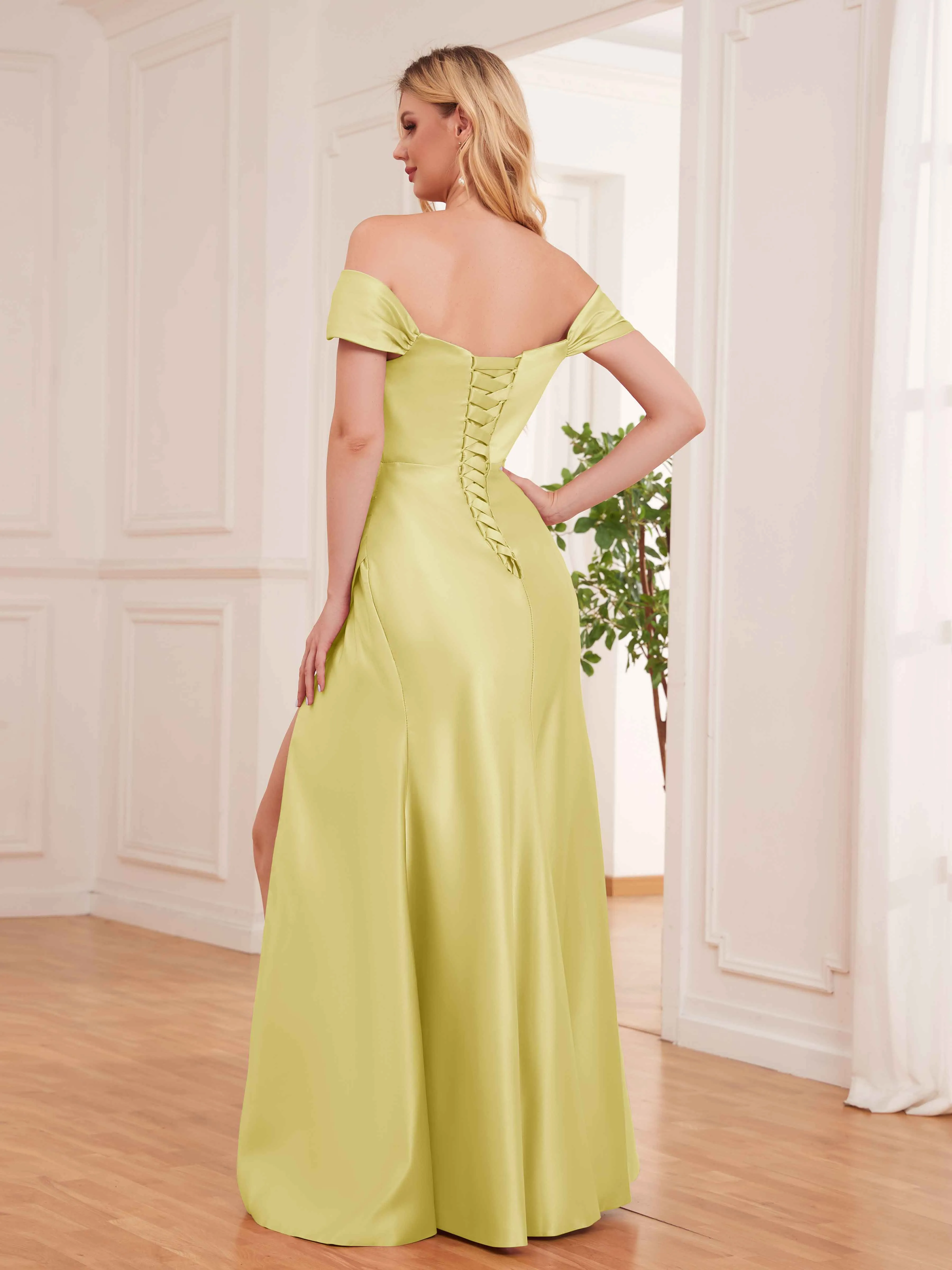 Esther Affordable Off The Shoulder Brush Train Satin Formal Dresses