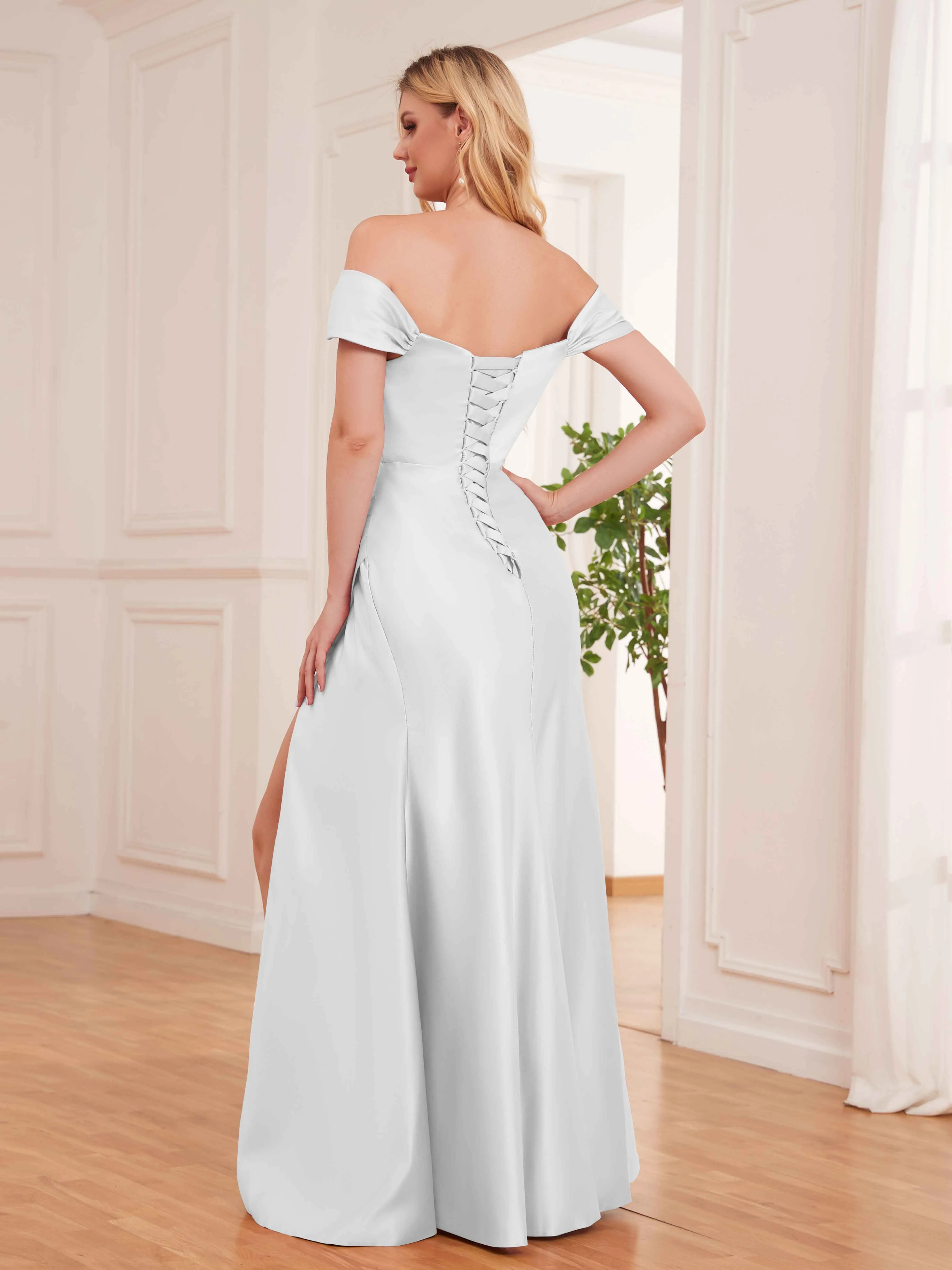 Esther Affordable Off The Shoulder Brush Train Satin Formal Dresses