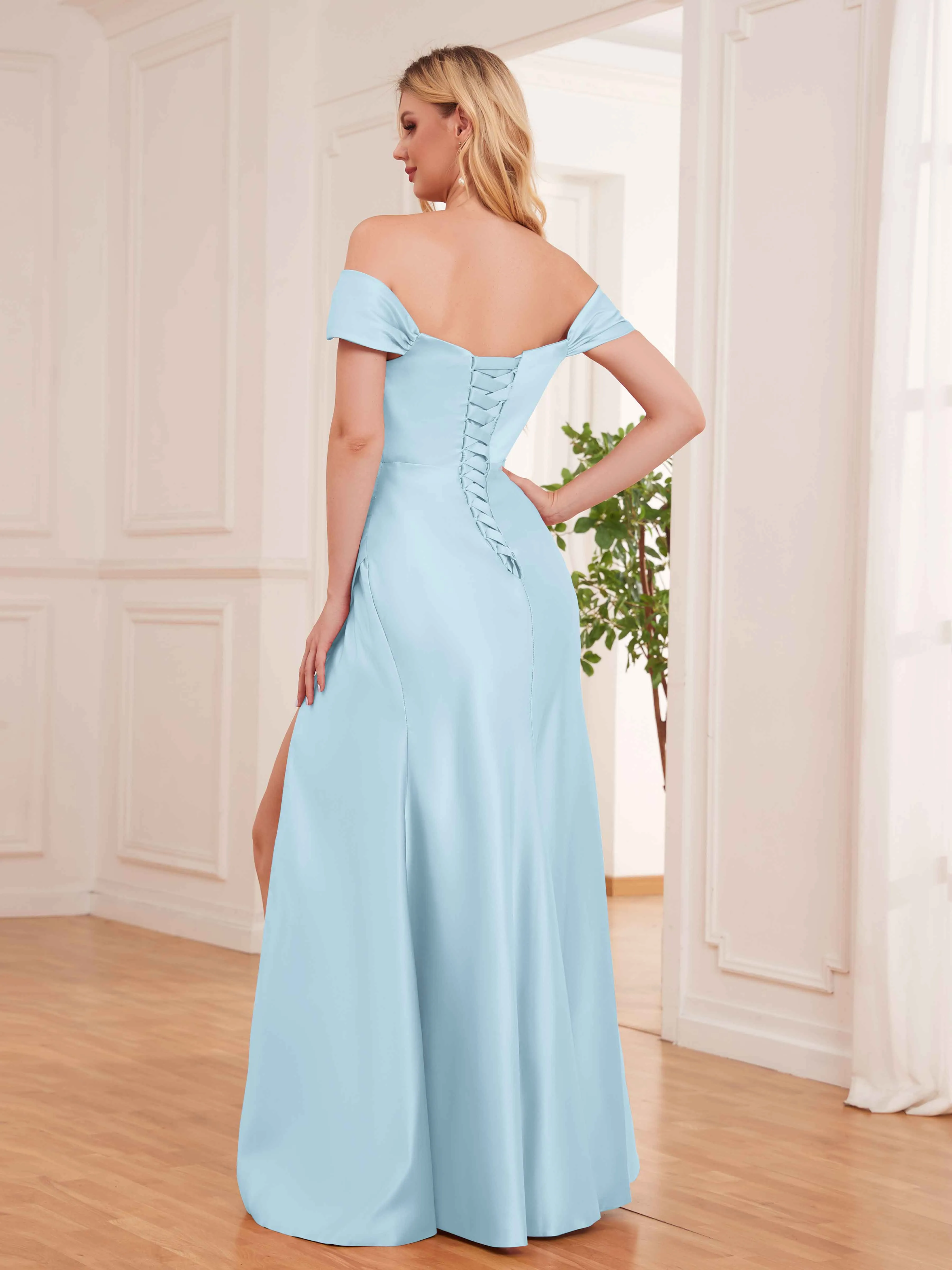 Esther Affordable Off The Shoulder Brush Train Satin Formal Dresses