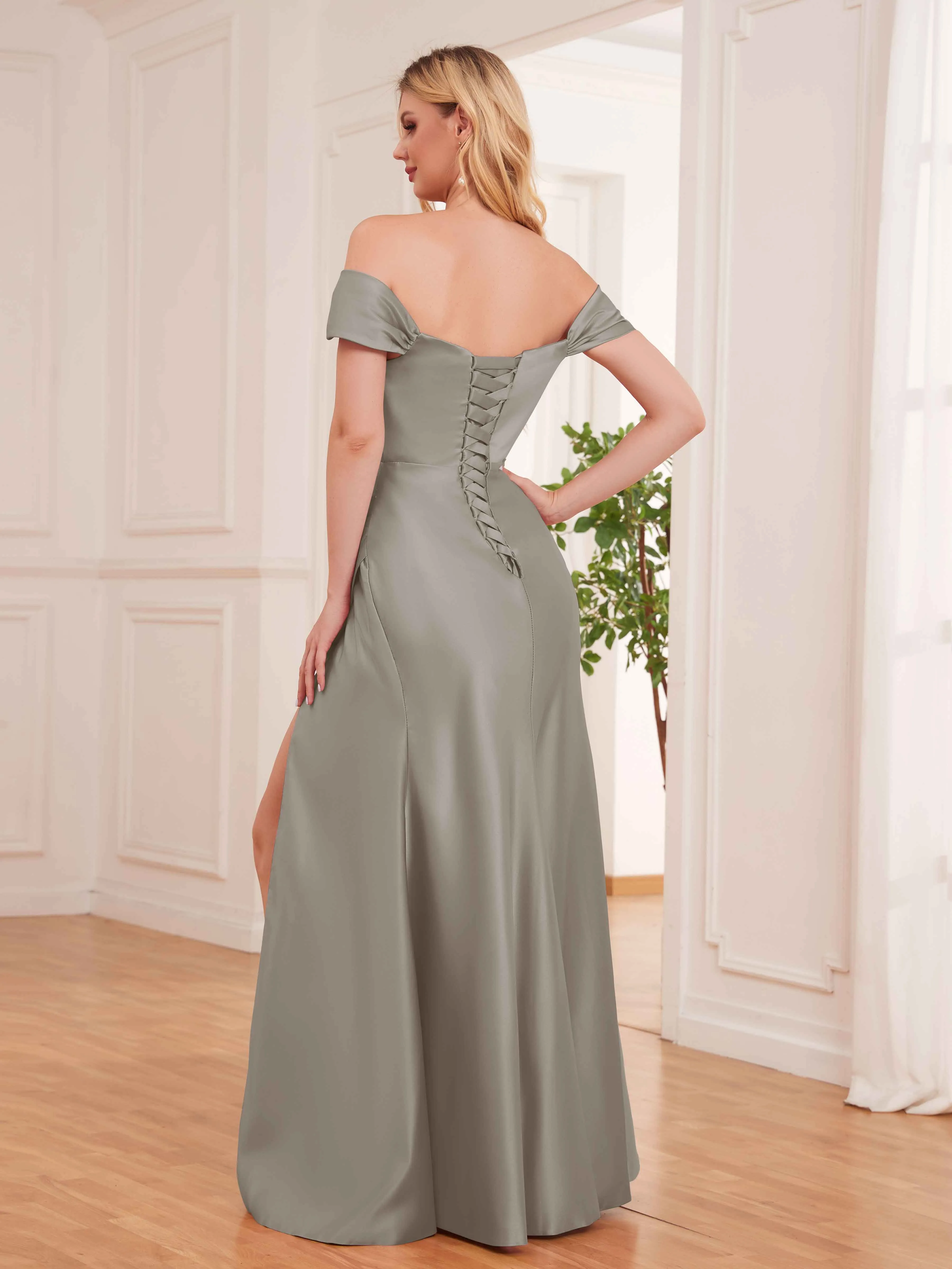 Esther Affordable Off The Shoulder Brush Train Satin Formal Dresses