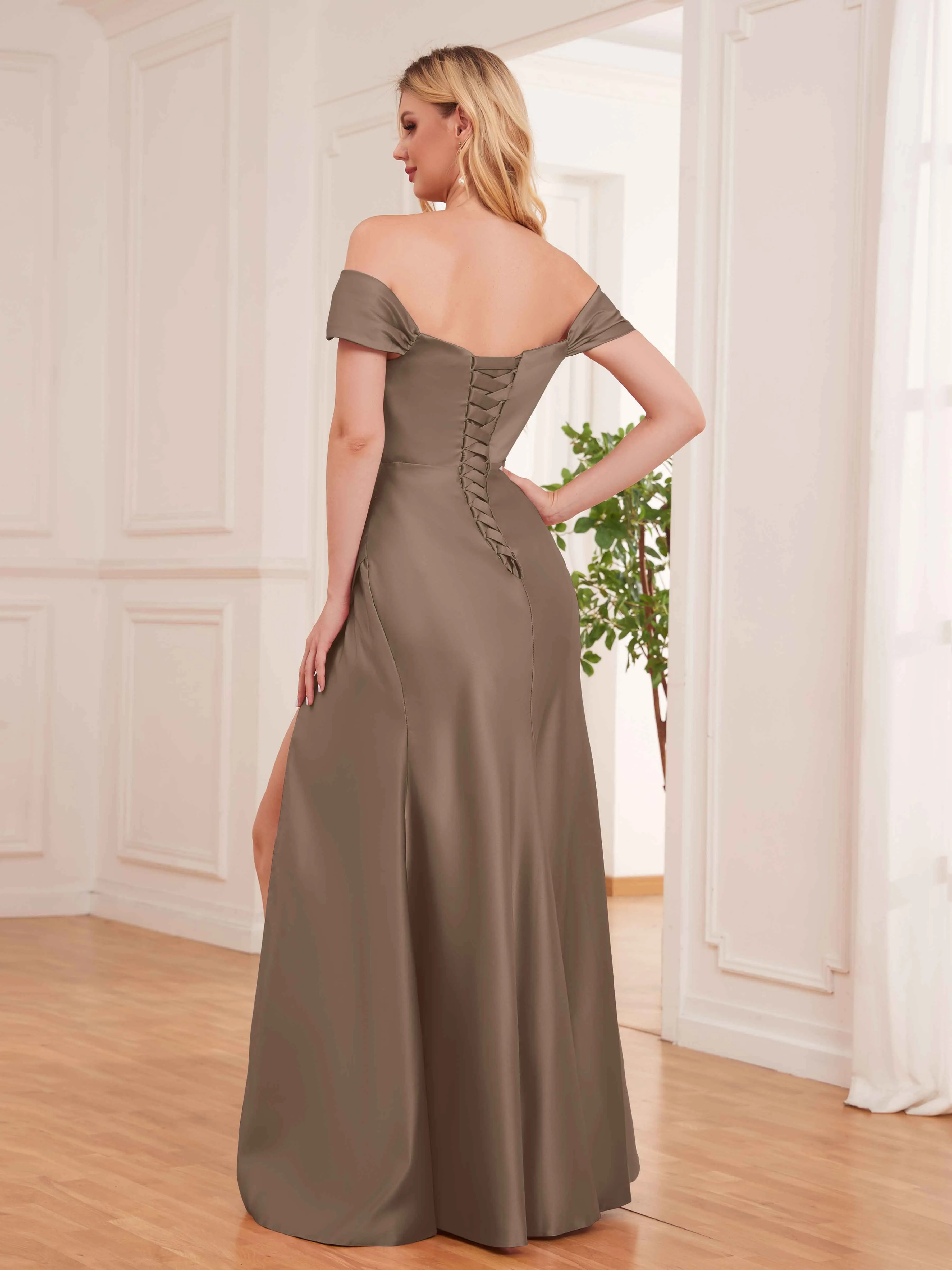 Esther Affordable Off The Shoulder Brush Train Satin Formal Dresses