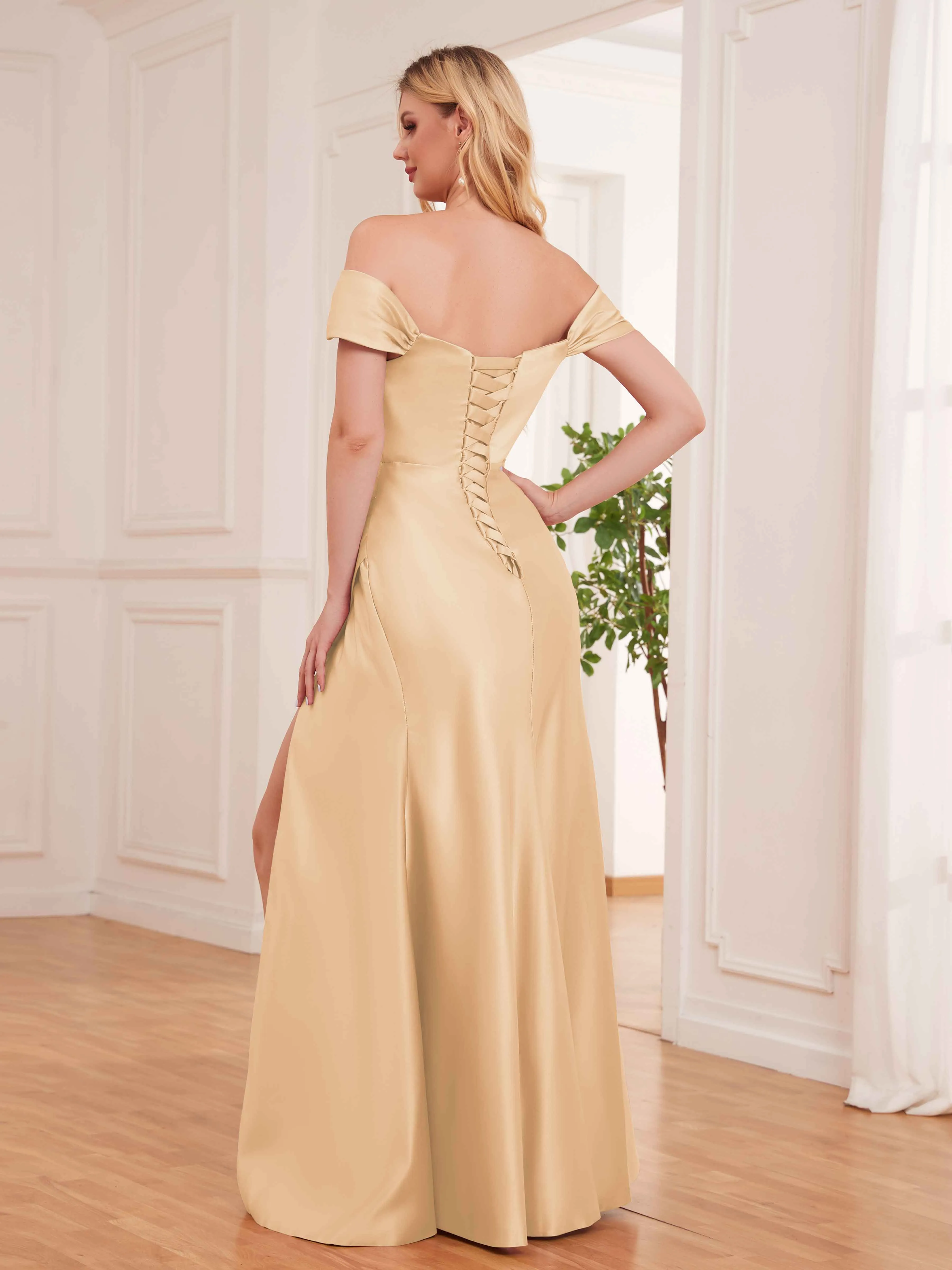 Esther Affordable Off The Shoulder Brush Train Satin Formal Dresses