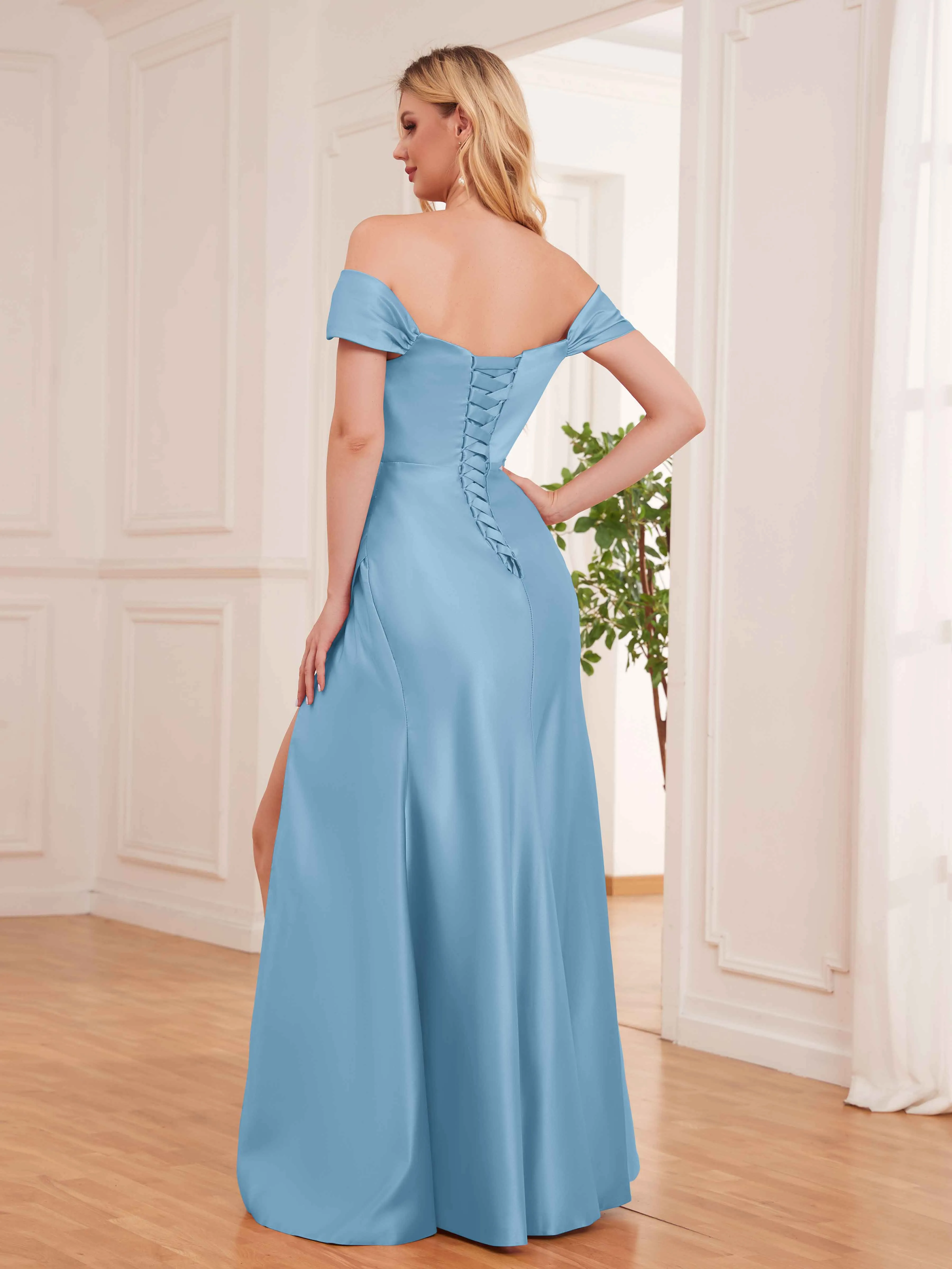 Esther Affordable Off The Shoulder Brush Train Satin Formal Dresses