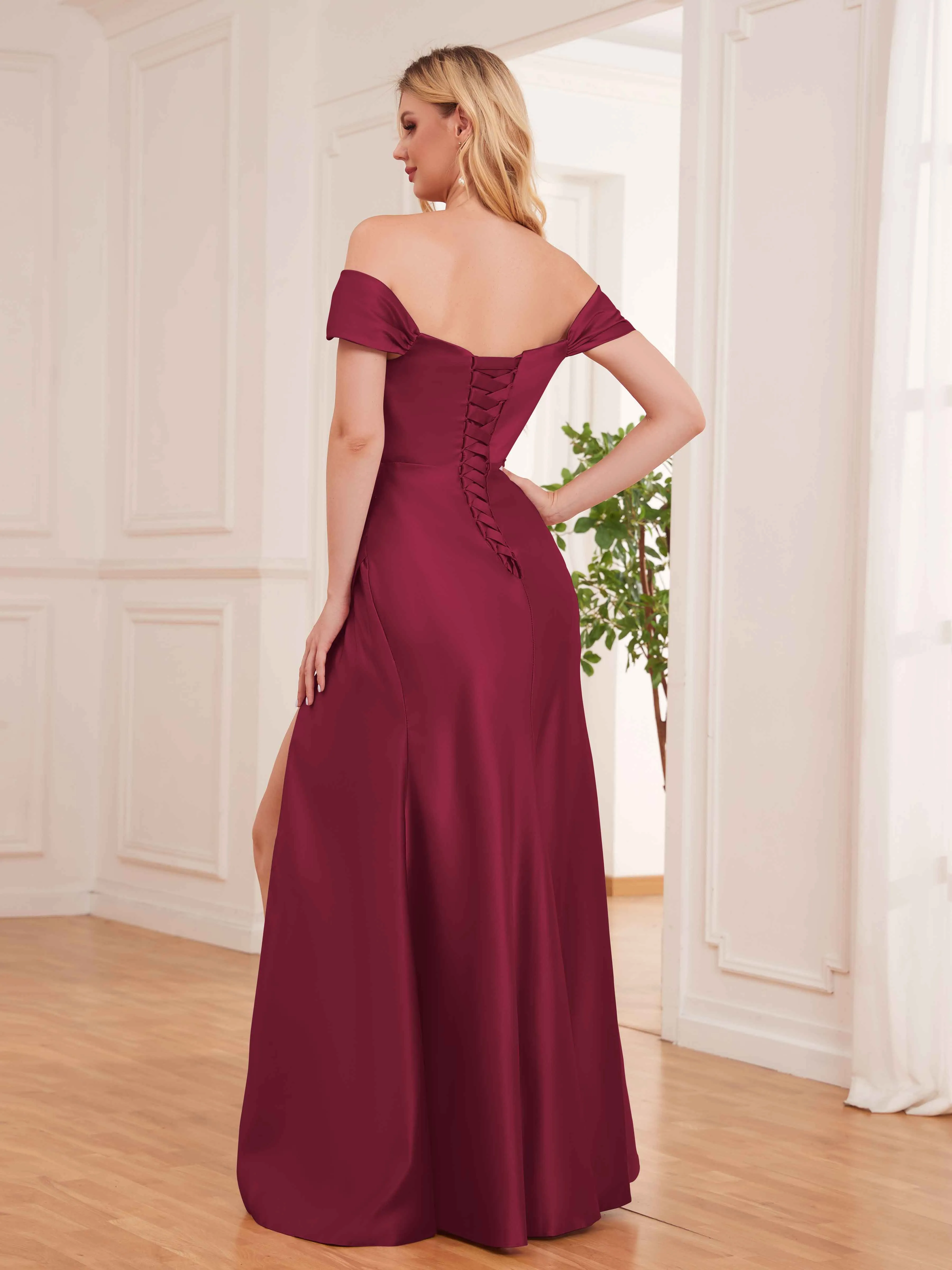 Esther Affordable Off The Shoulder Brush Train Satin Formal Dresses