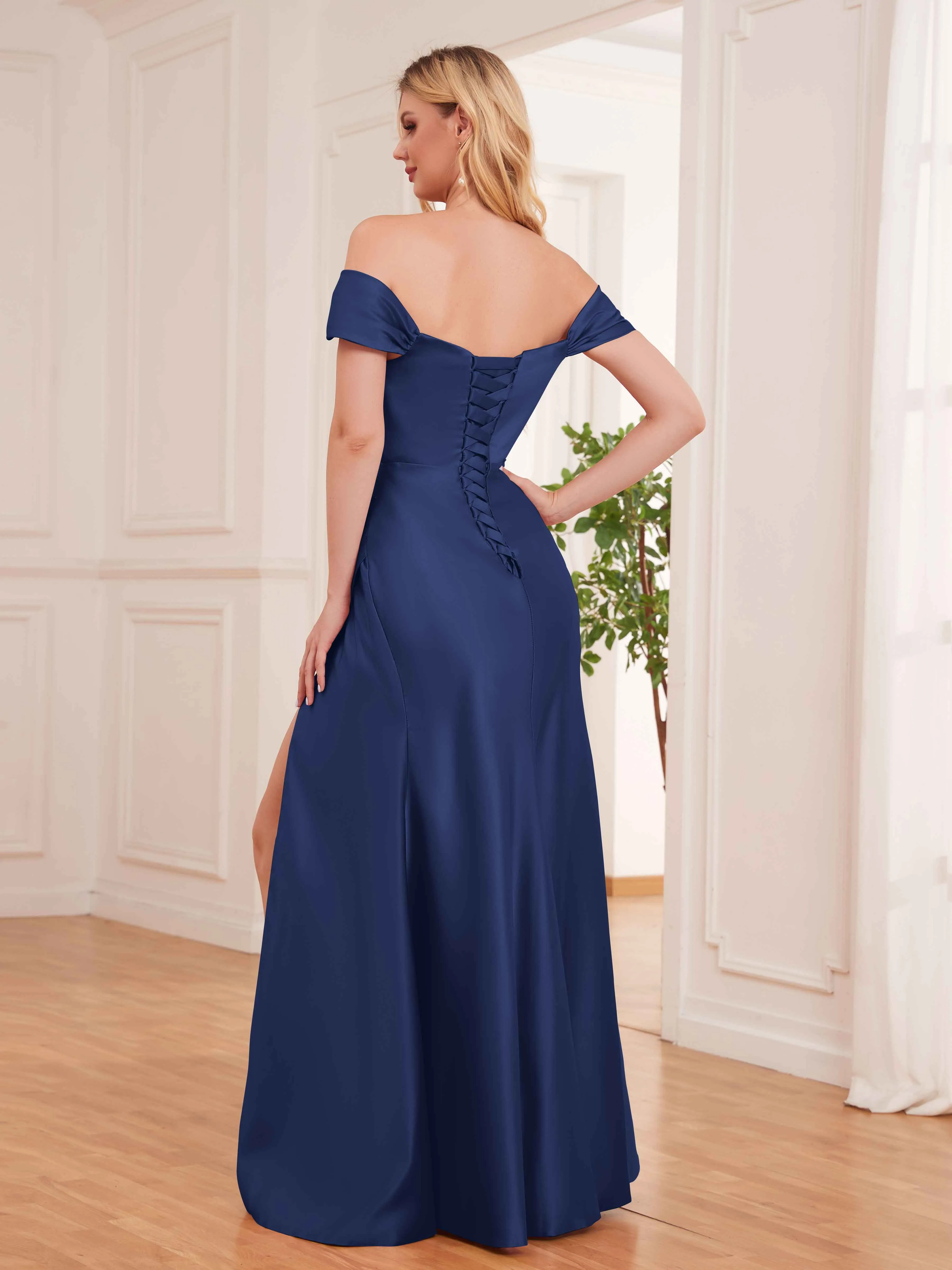 Esther Affordable Off The Shoulder Brush Train Satin Formal Dresses