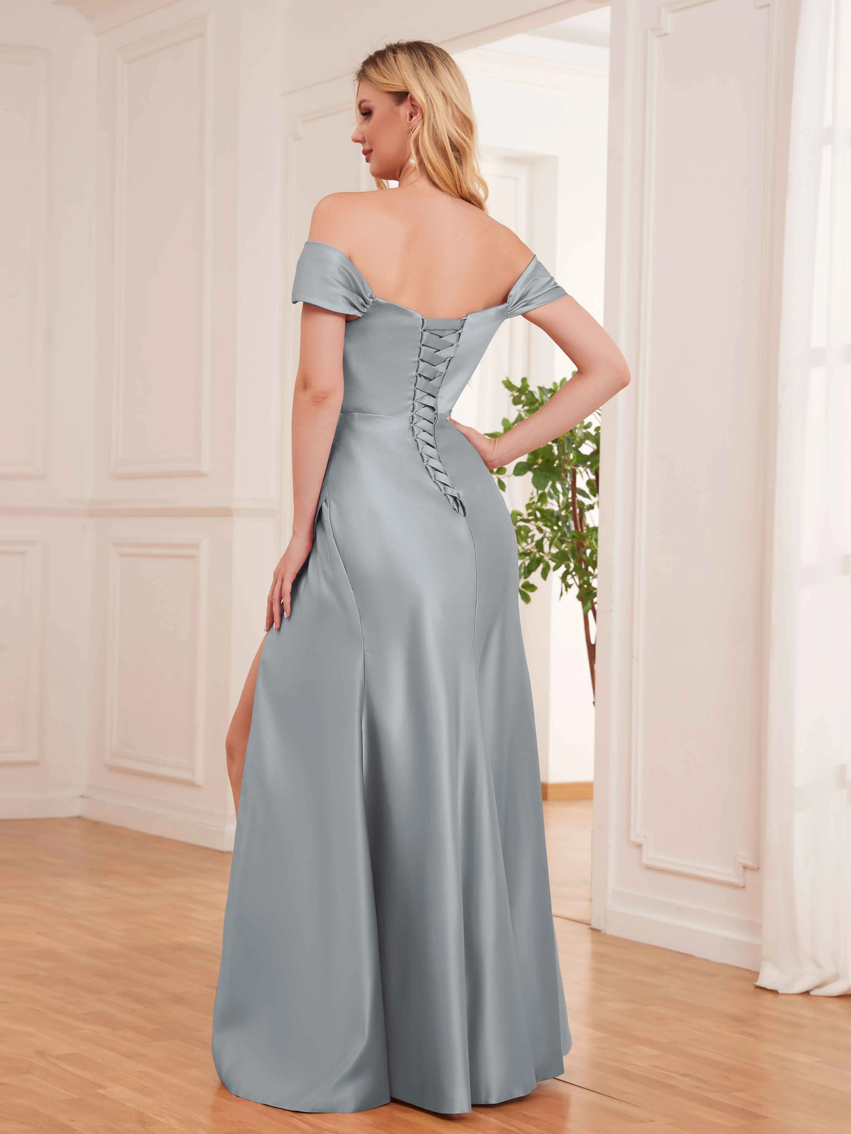 Esther Affordable Off The Shoulder Brush Train Satin Formal Dresses