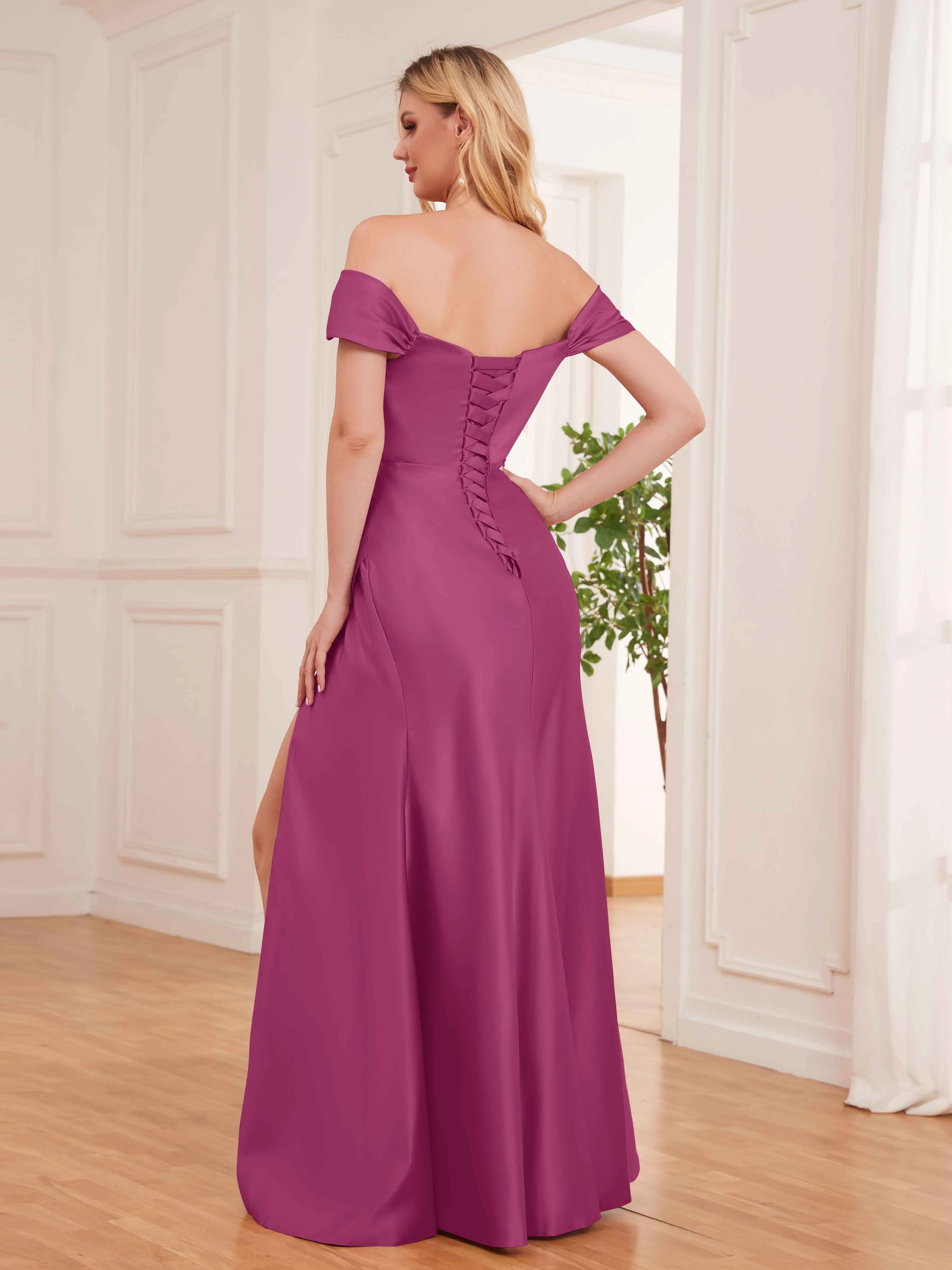 Esther Affordable Off The Shoulder Brush Train Satin Formal Dresses