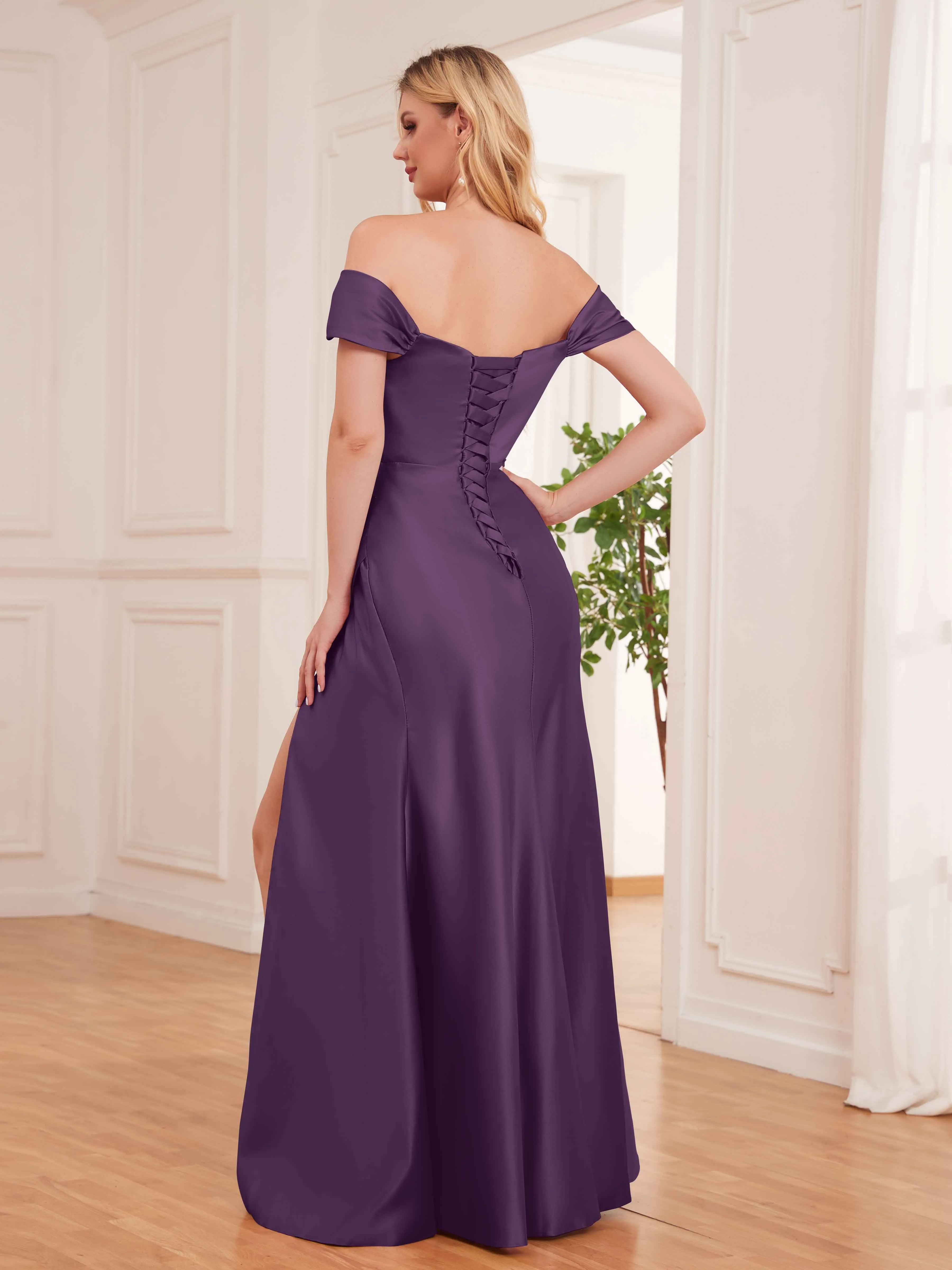 Esther Affordable Off The Shoulder Brush Train Satin Formal Dresses