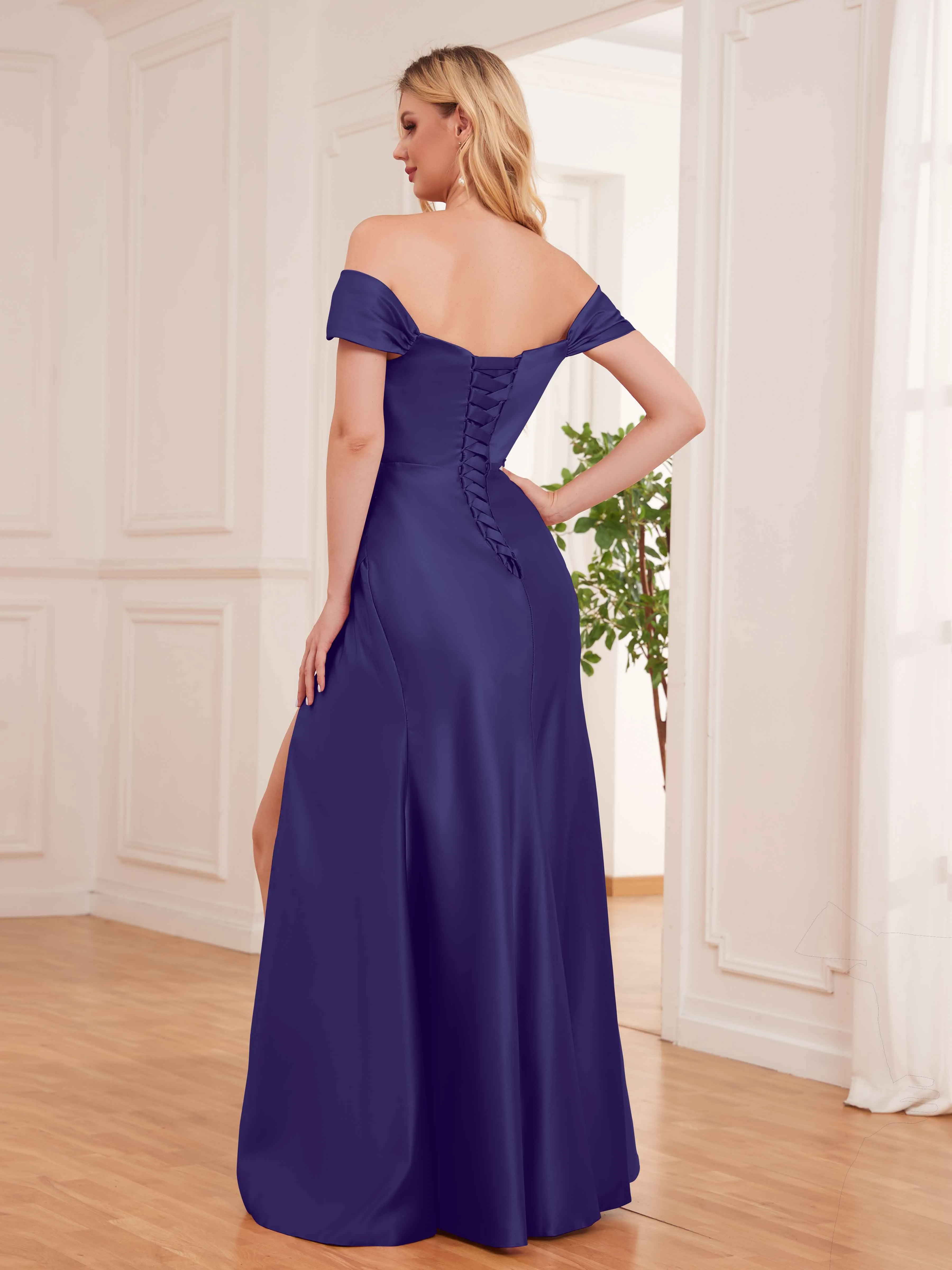 Esther Affordable Off The Shoulder Brush Train Satin Formal Dresses