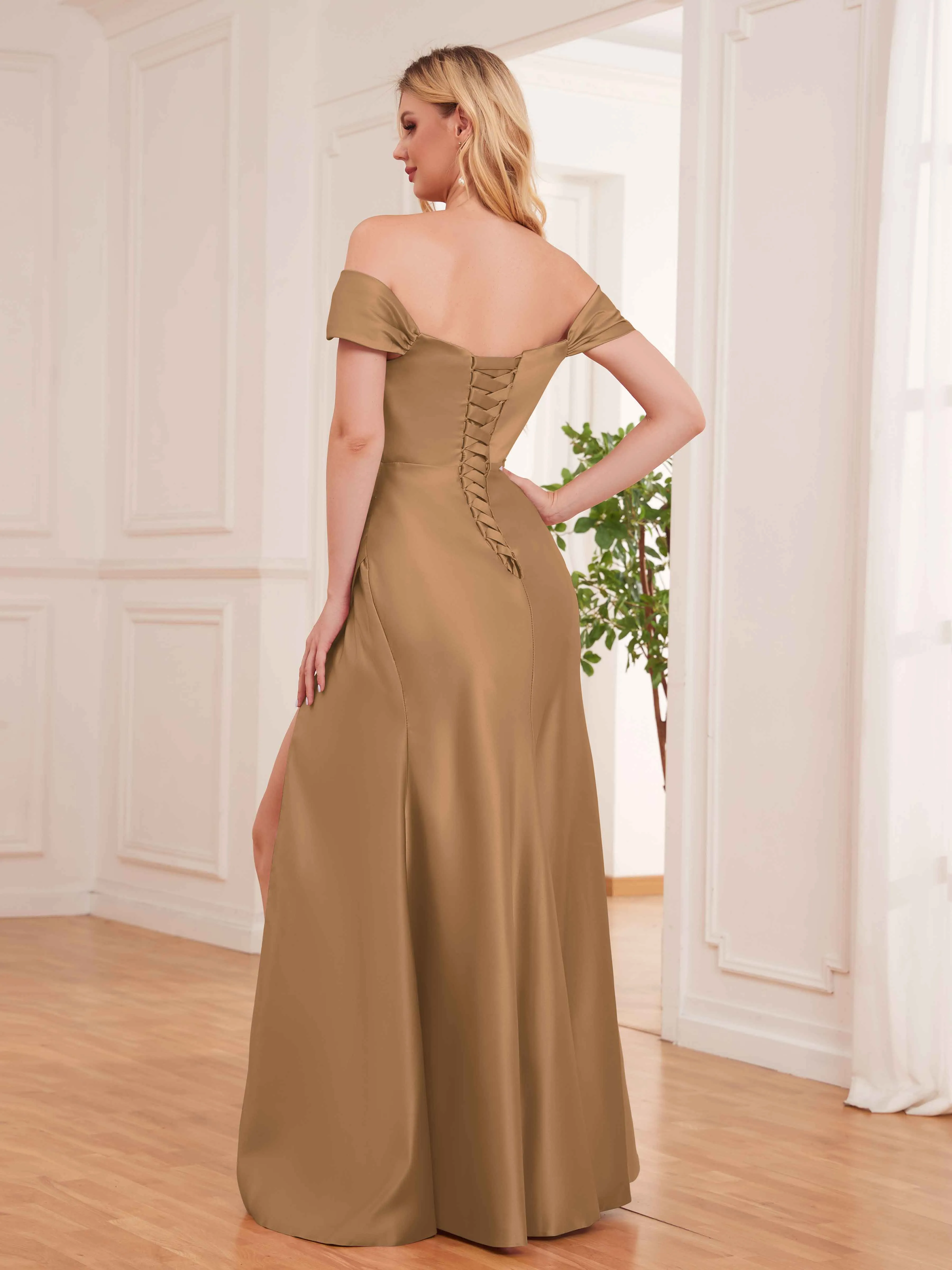 Esther Affordable Off The Shoulder Brush Train Satin Formal Dresses