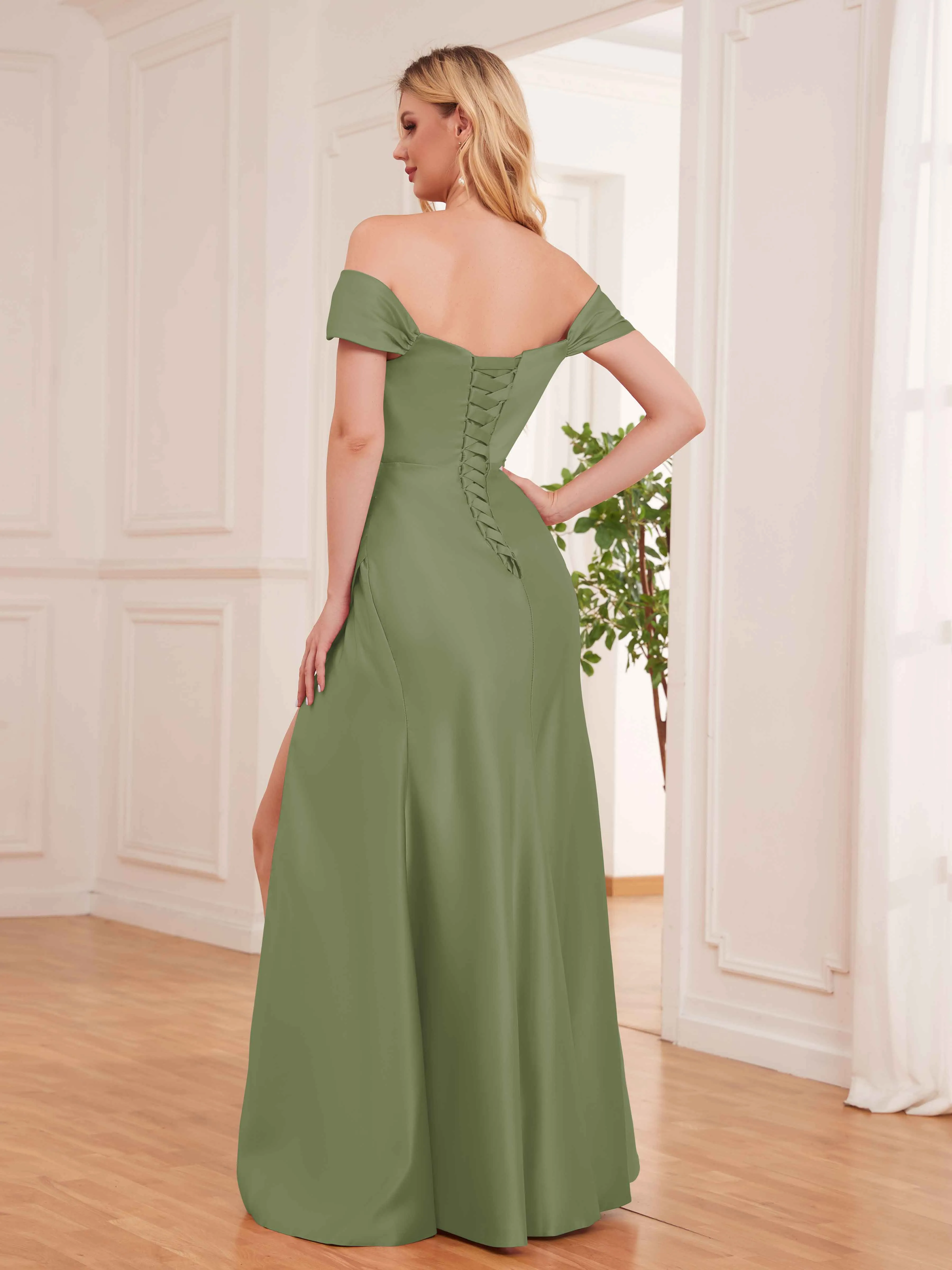 Esther Affordable Off The Shoulder Brush Train Satin Formal Dresses