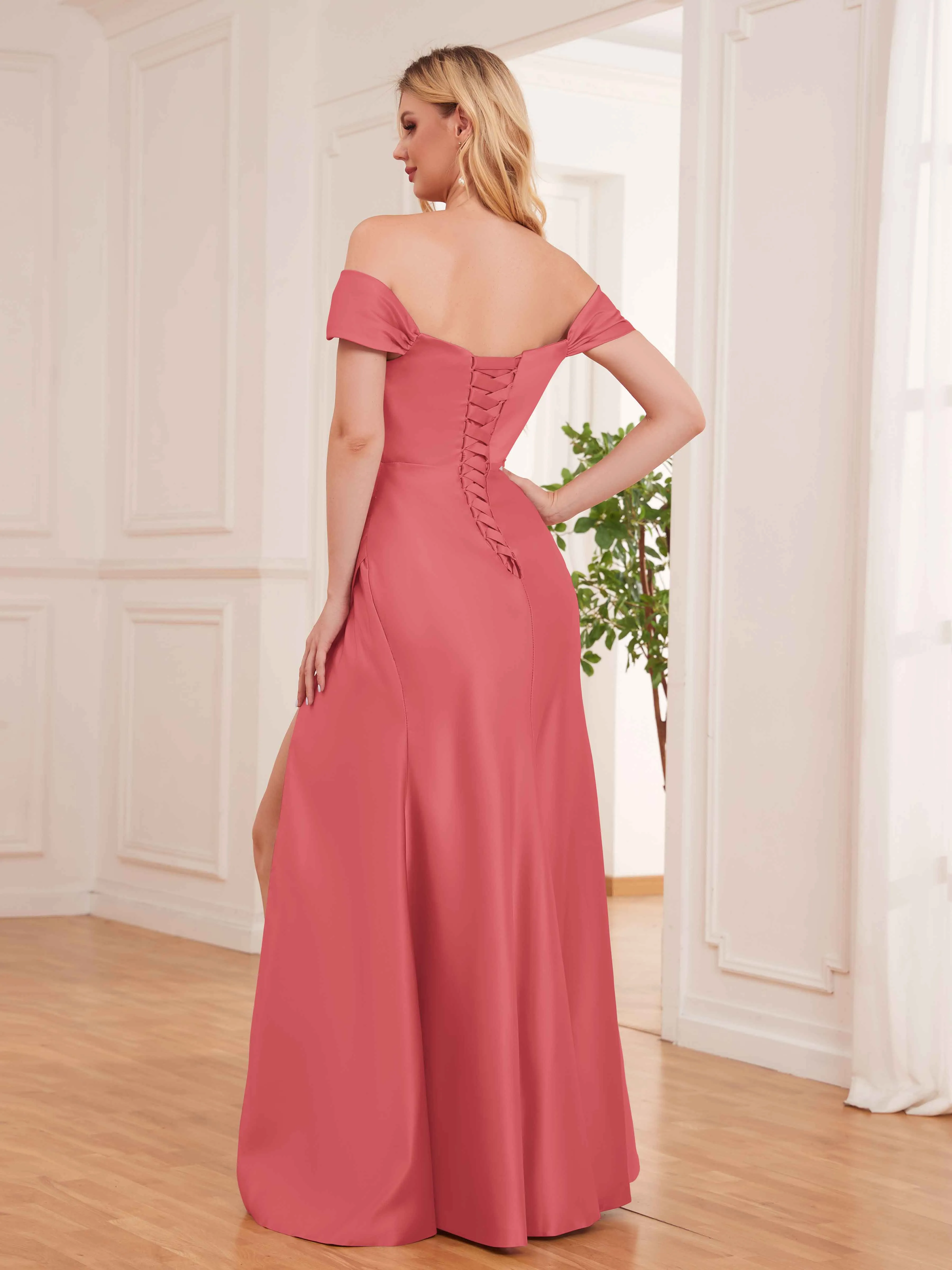 Esther Affordable Off The Shoulder Brush Train Satin Formal Dresses