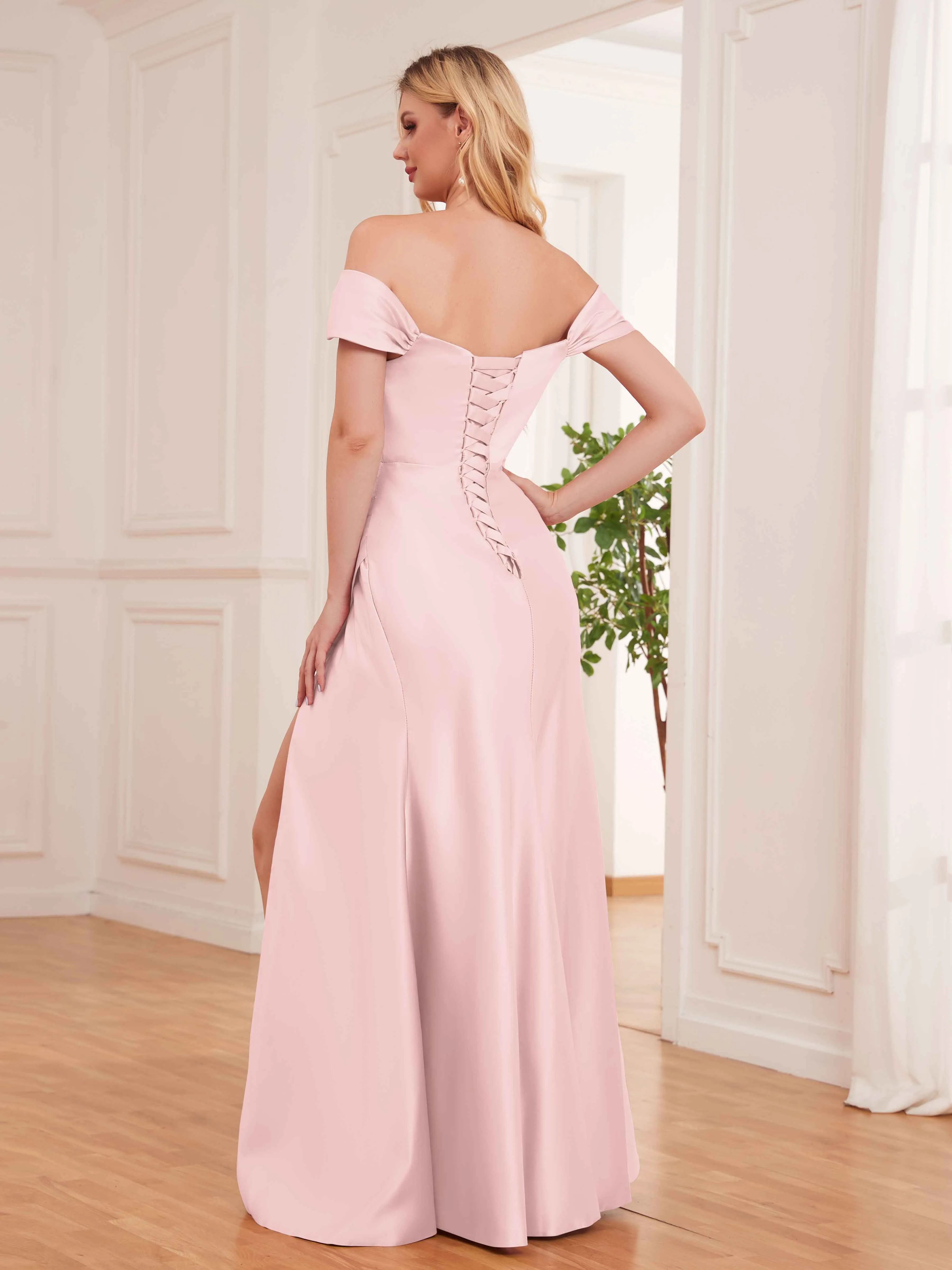 Esther Affordable Off The Shoulder Brush Train Satin Formal Dresses